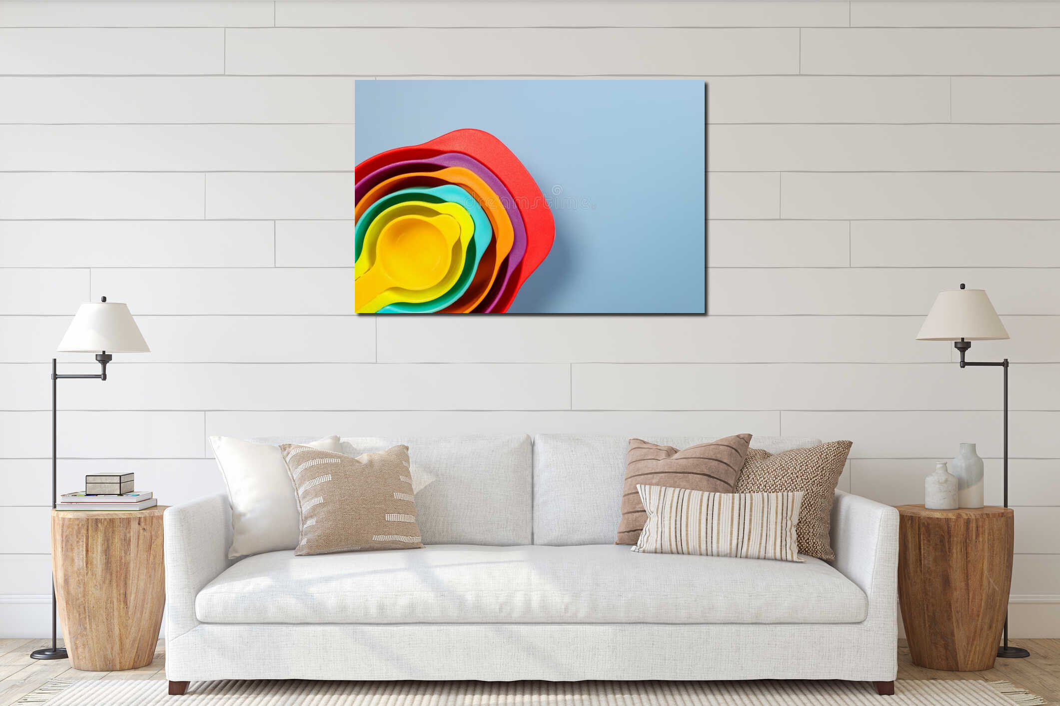 Close up shot of different colorful measuring scoops. interior mockup