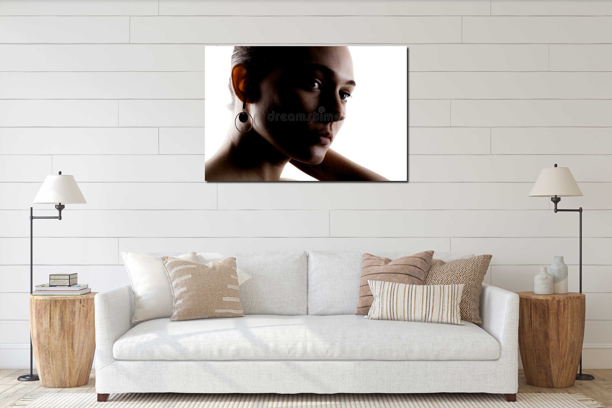 Dark studio portrait of a beautiful young woman against white backgroung interior mockup