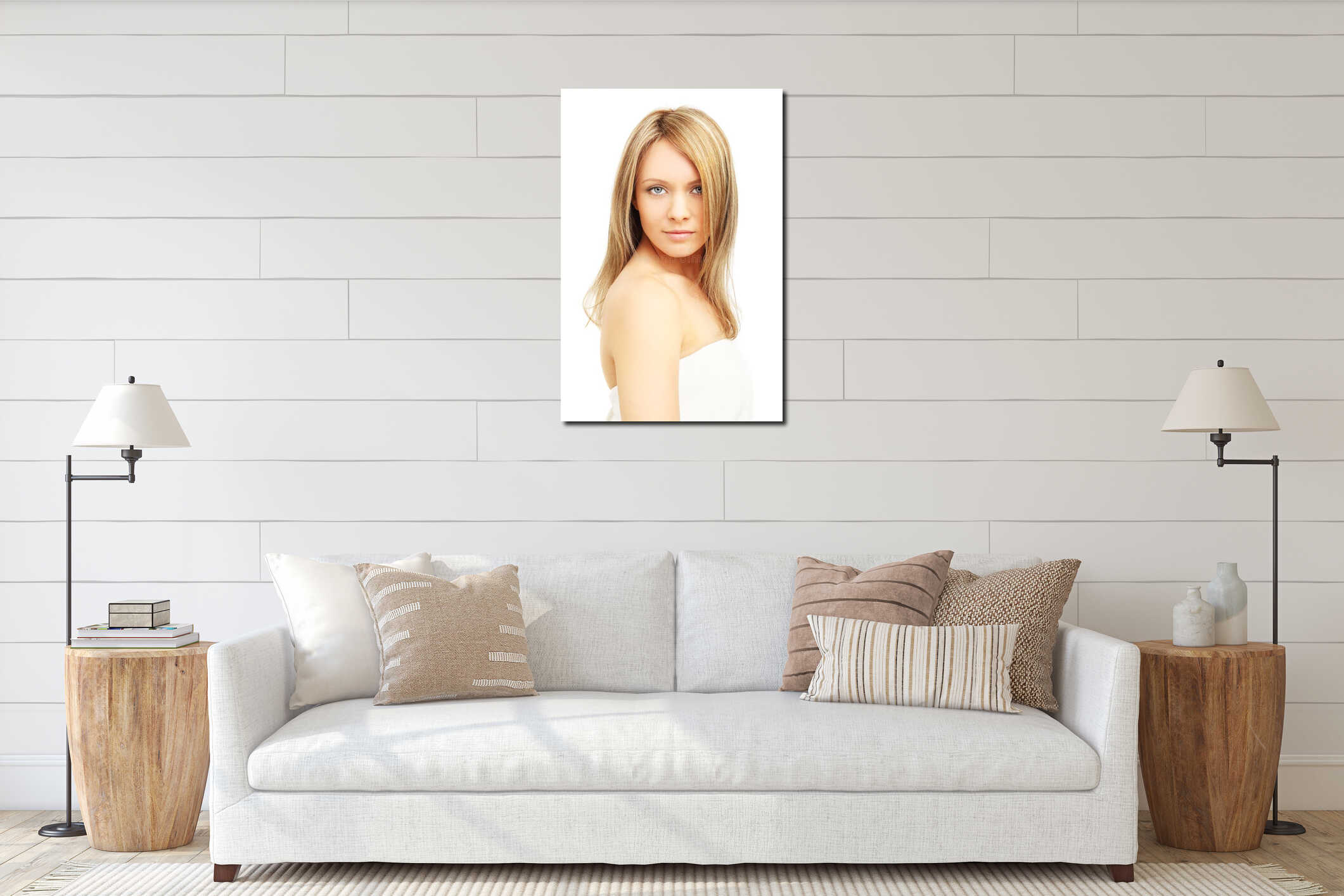 Beautiful girl, blond hair interior mockup