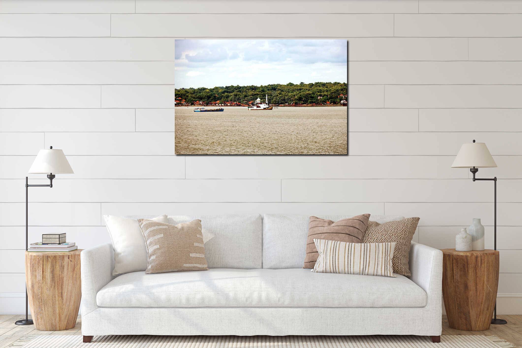 Vessels, passenger ships and tugboats in port under cargo operations and underway. Port of Surabaya, Indonesia, January,2021 interior mockup