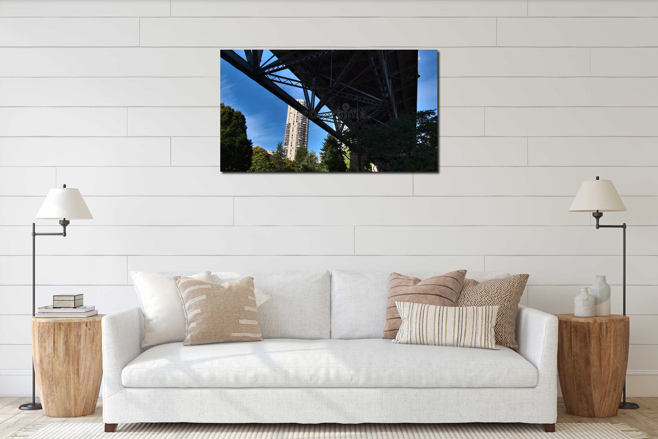Steel truss bridge Burrard Street Bridge, spanning False Creek and connecting Kitsilano with Vancouver, BC, Canada. interior mockup