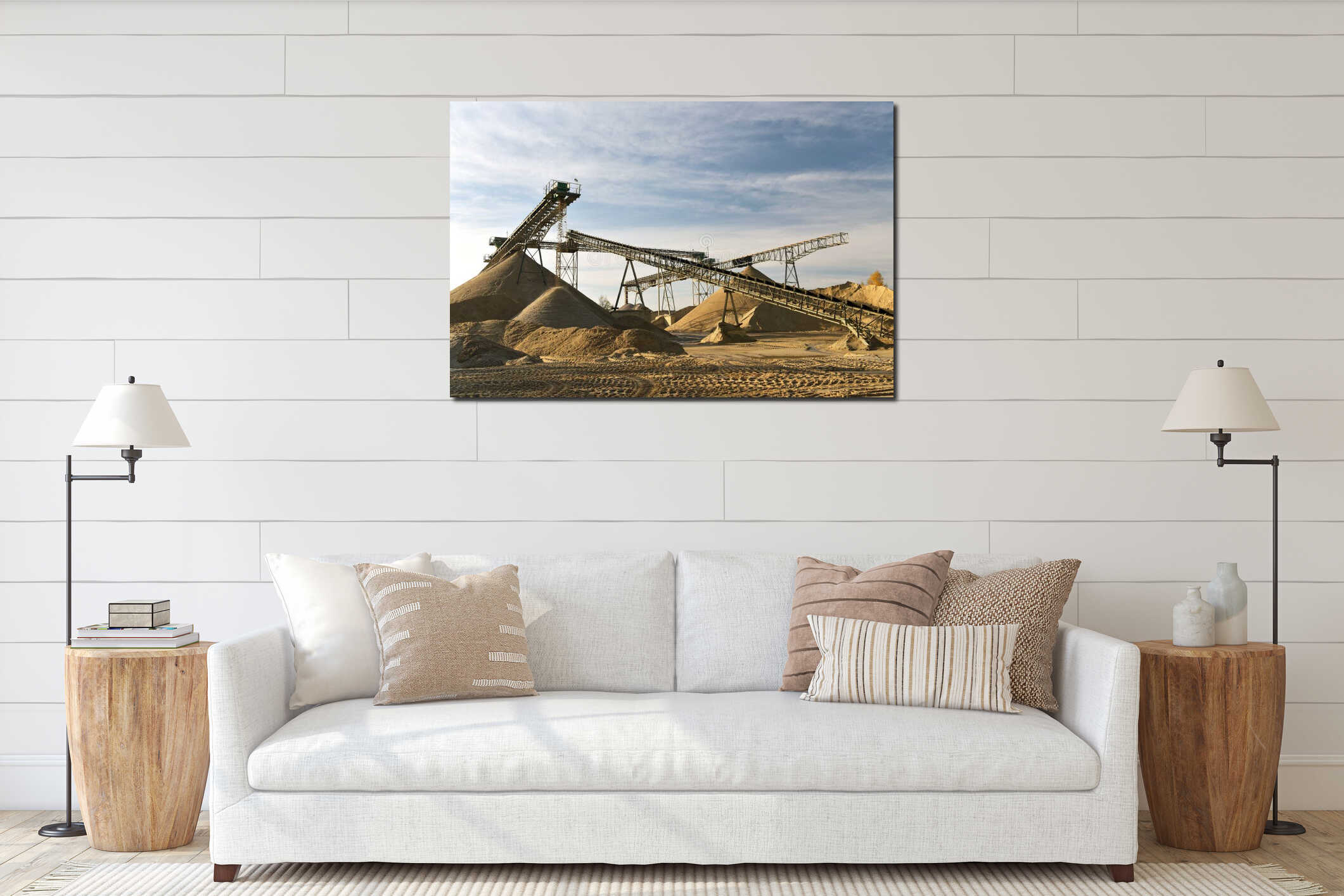 Gravel pit: building and wheel loader loading gravel onto a truck interior mockup