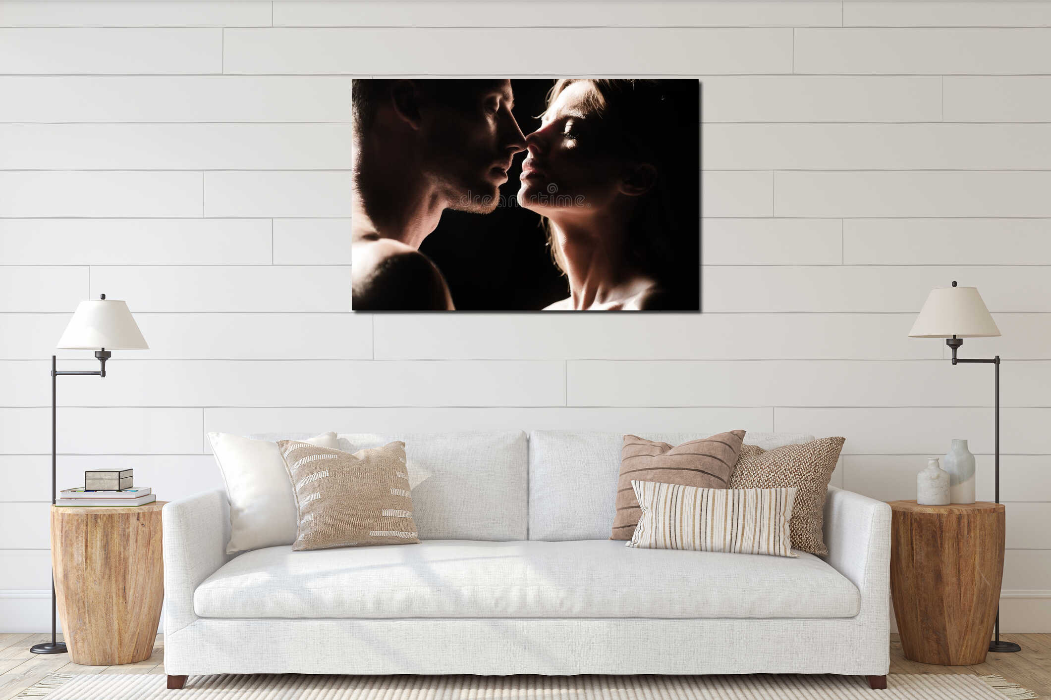 Romantic night date. Close up face of sensual portrait of a sexy couple embracing while dating. Young couple in love on interior mockup
