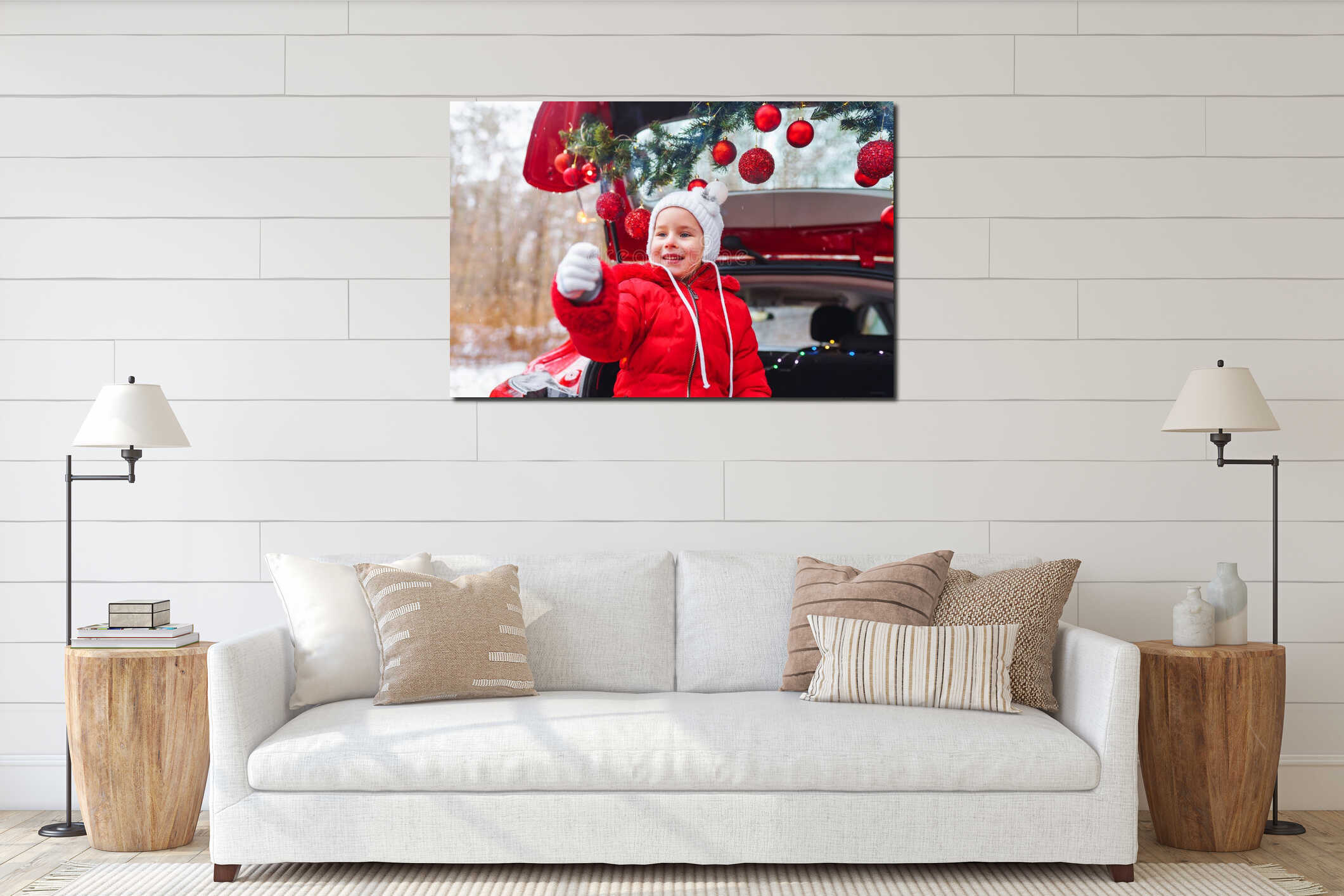 Happy little girl wearing red jacket light sparklers sitting in christmas decorated car in winter forest. interior mockup