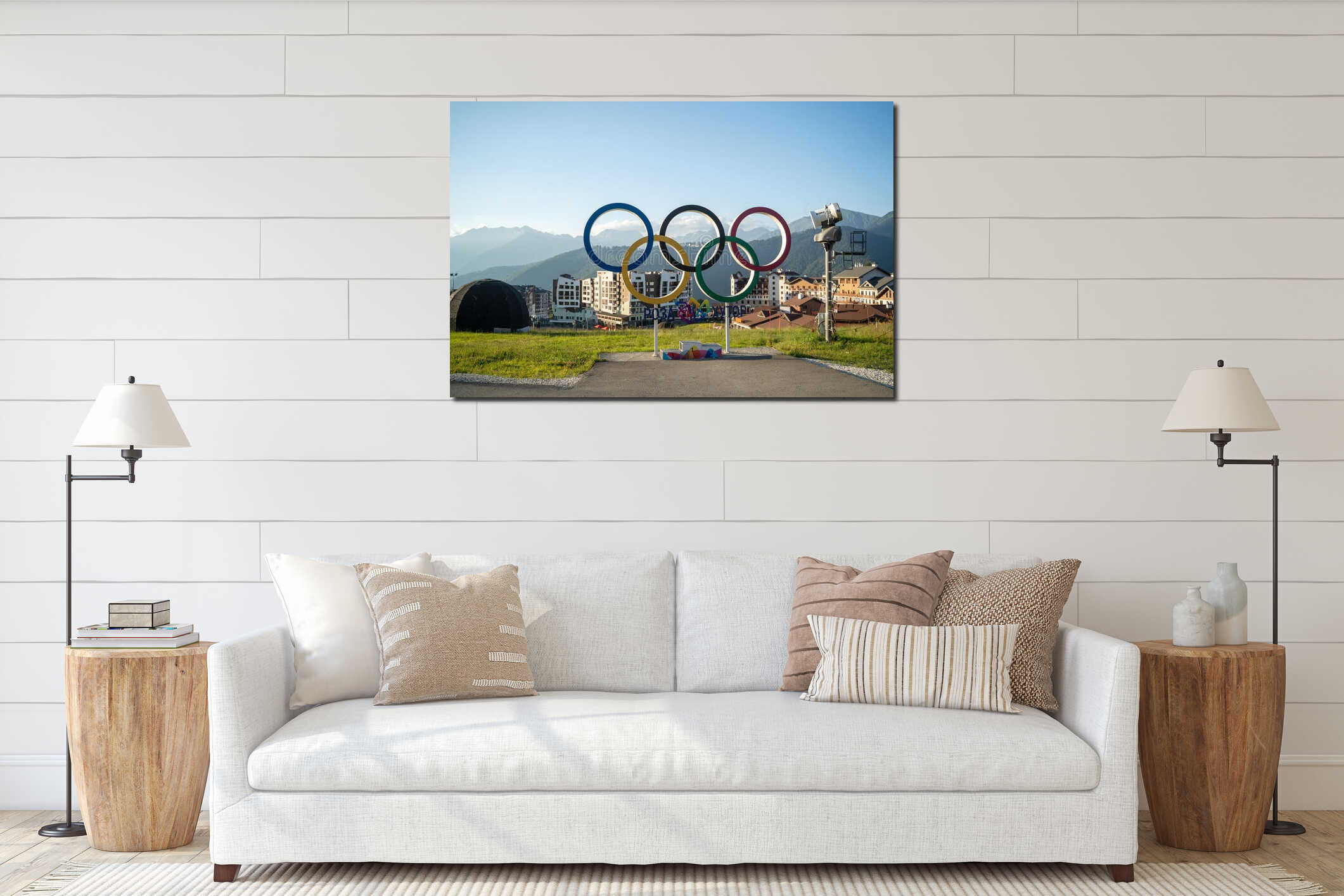 Russia, Sochi - July 4, 2019: Five Olympic rings in Olympic village in Rosa Khutor. interior mockup