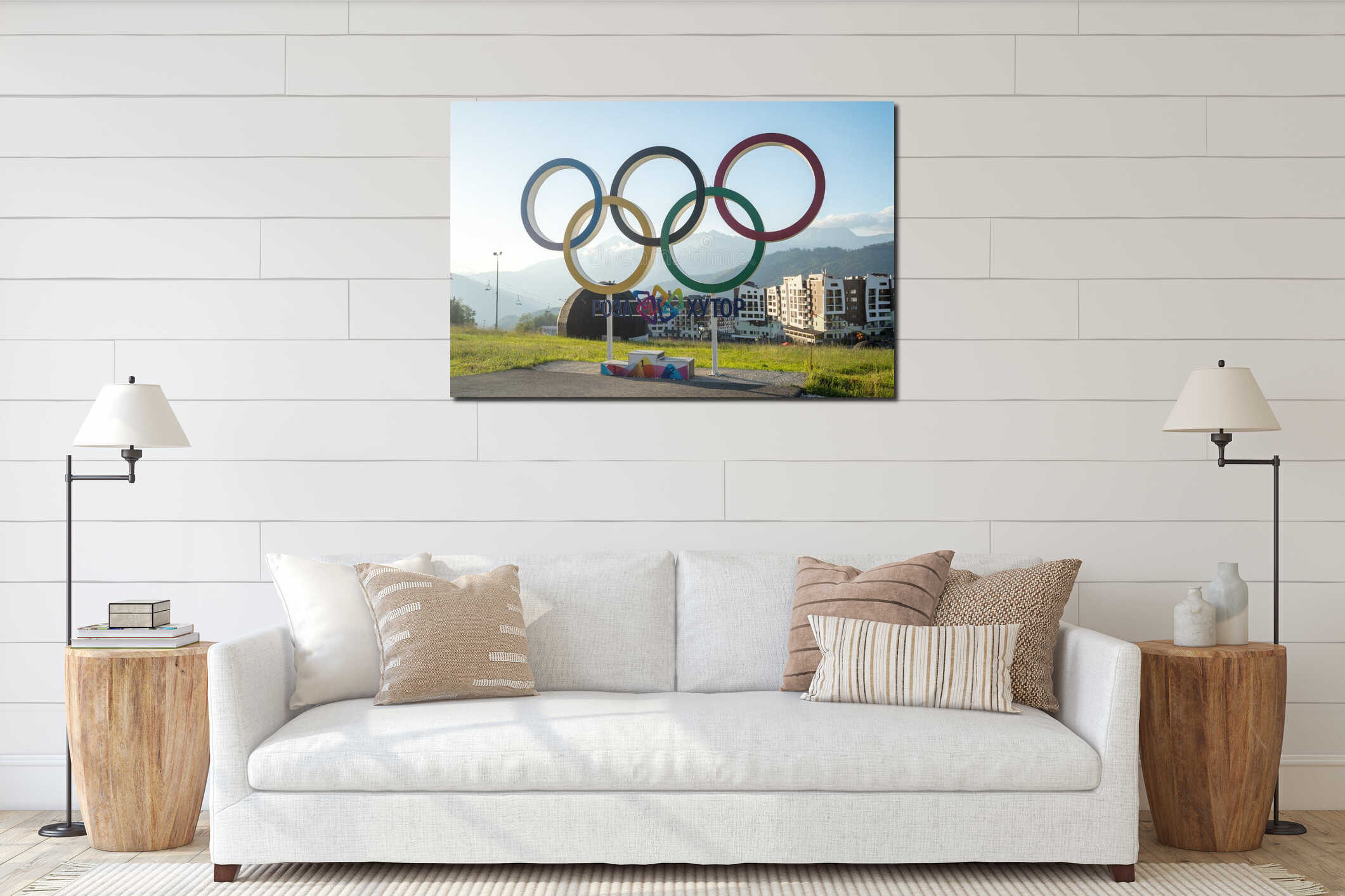 Russia, Sochi - July 4, 2019:Colorful Olympic rings in Olympic village in Rosa Khutor at day. interior mockup