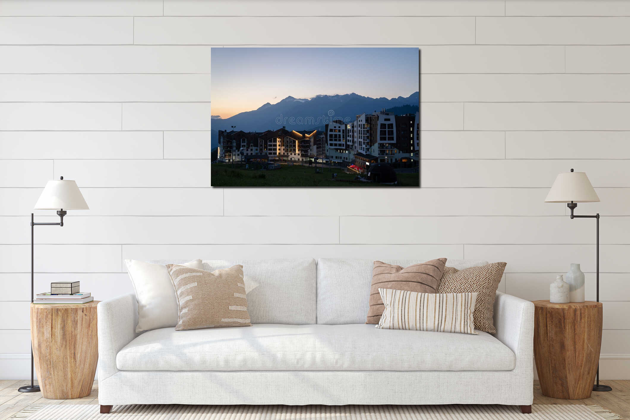 Russia, Sochi - July 4, 2019: Scenic view of mountain olympic village at sunset interior mockup