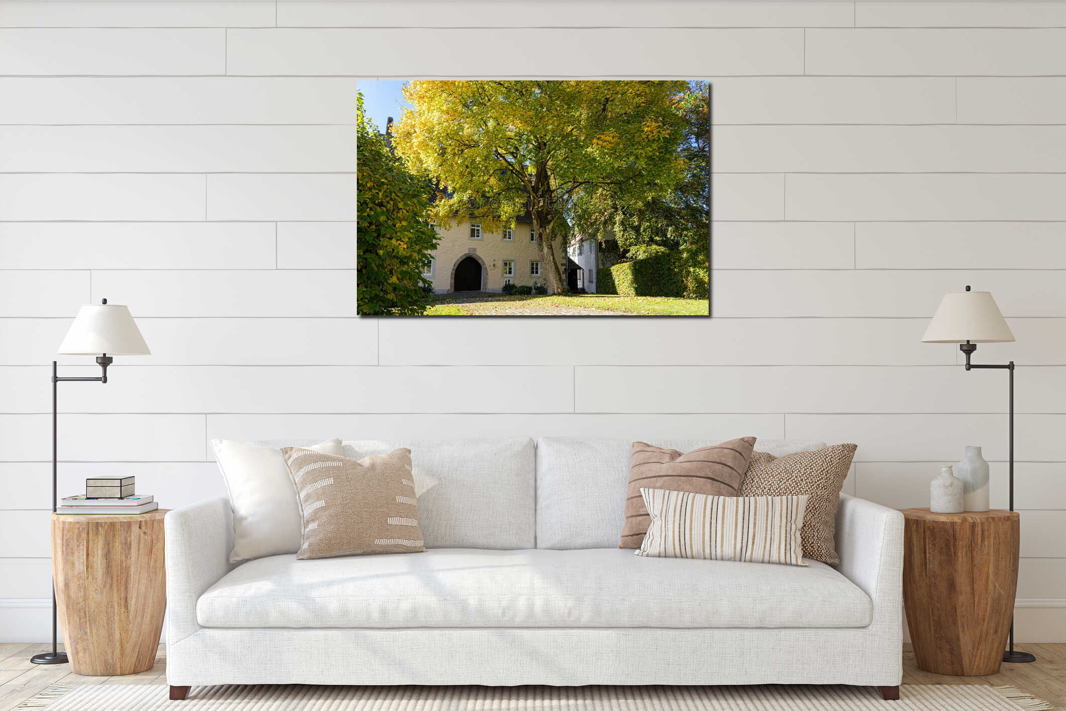 Inside the walls of an old cloister with big colorful tree interior mockup