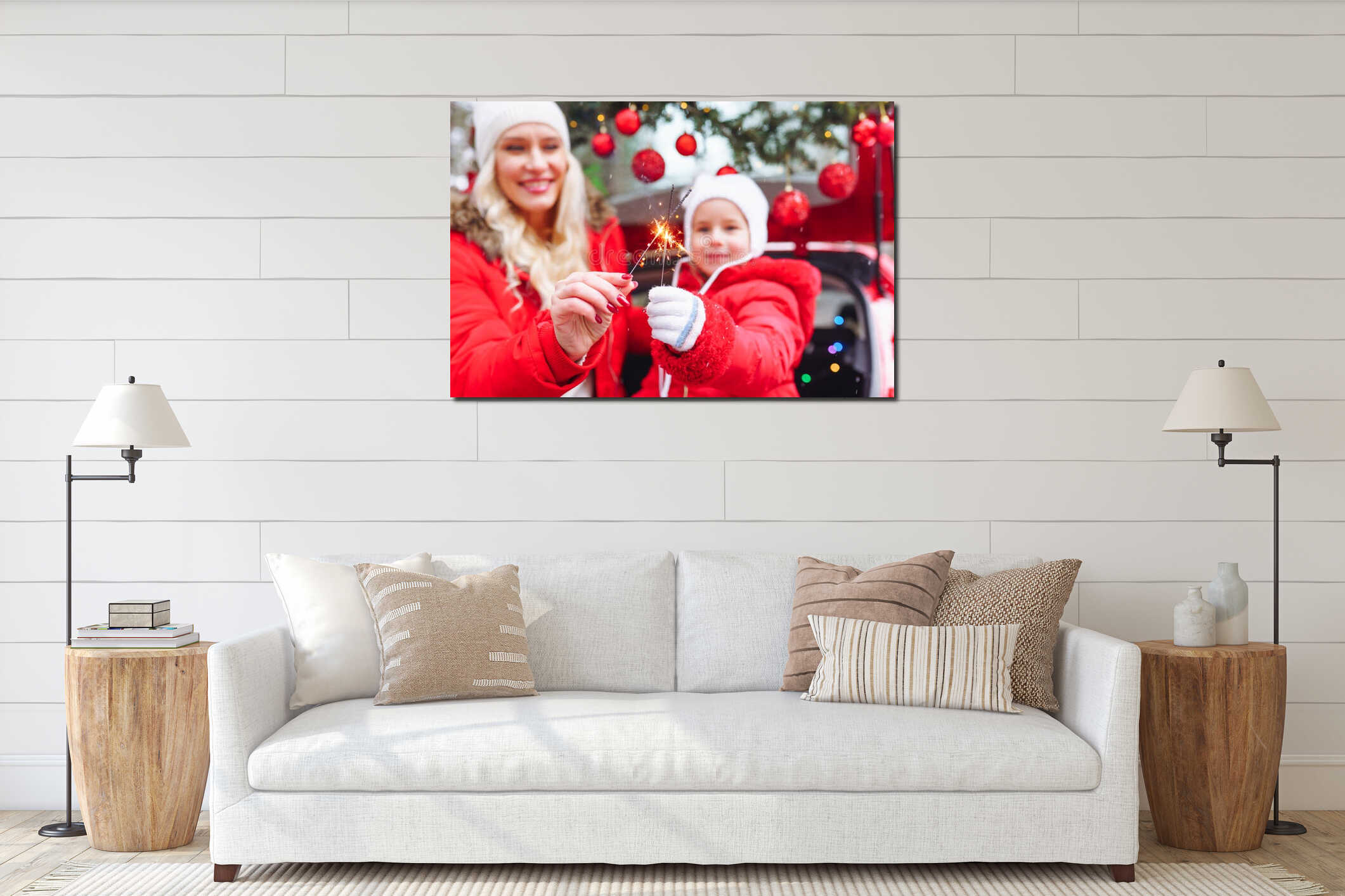 Happy family of blonde mom and little girl light sparklers sitting in christmas decorated car in winter forest interior mockup