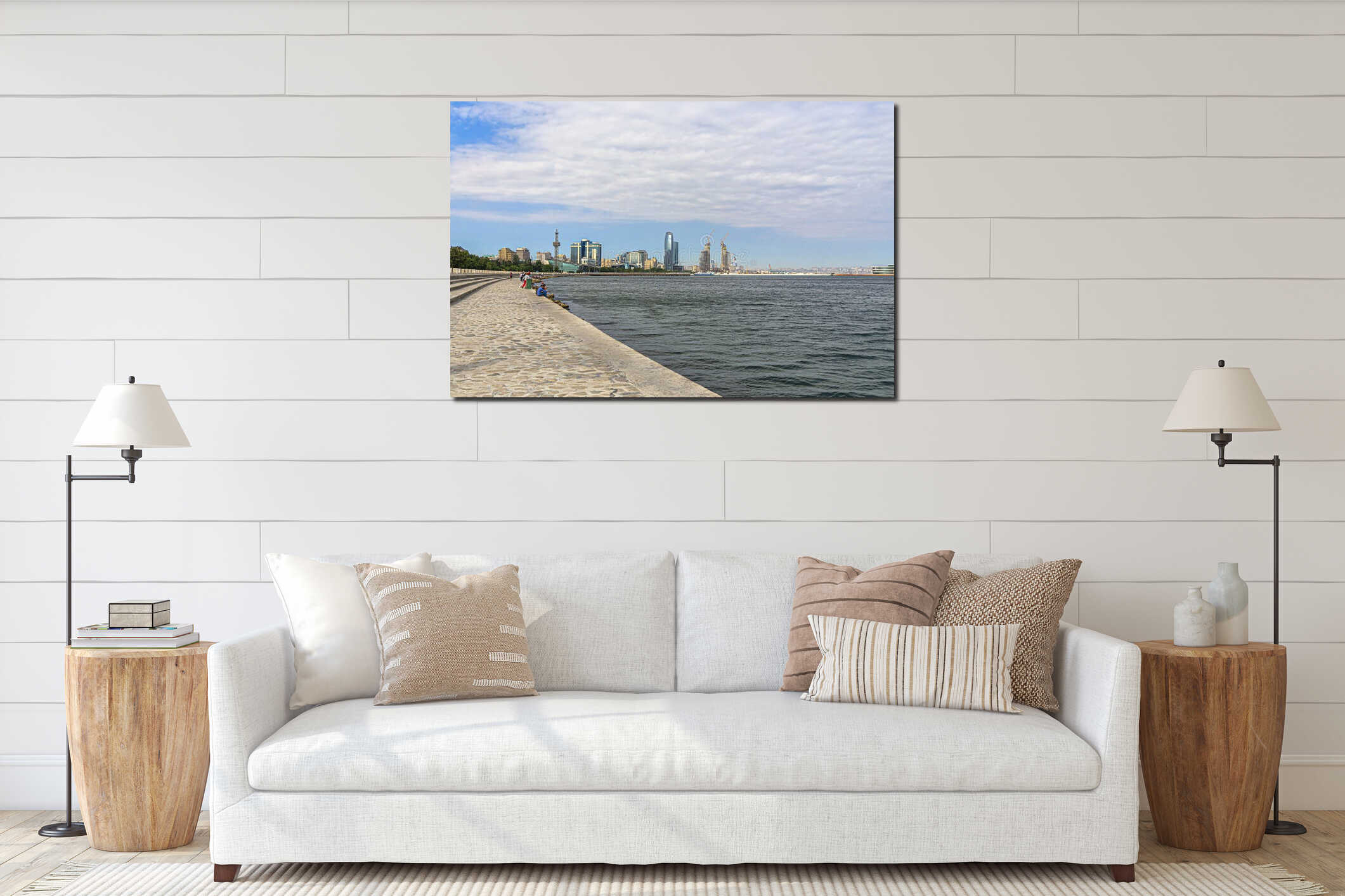 Baku Bay with people resting on the shore interior mockup