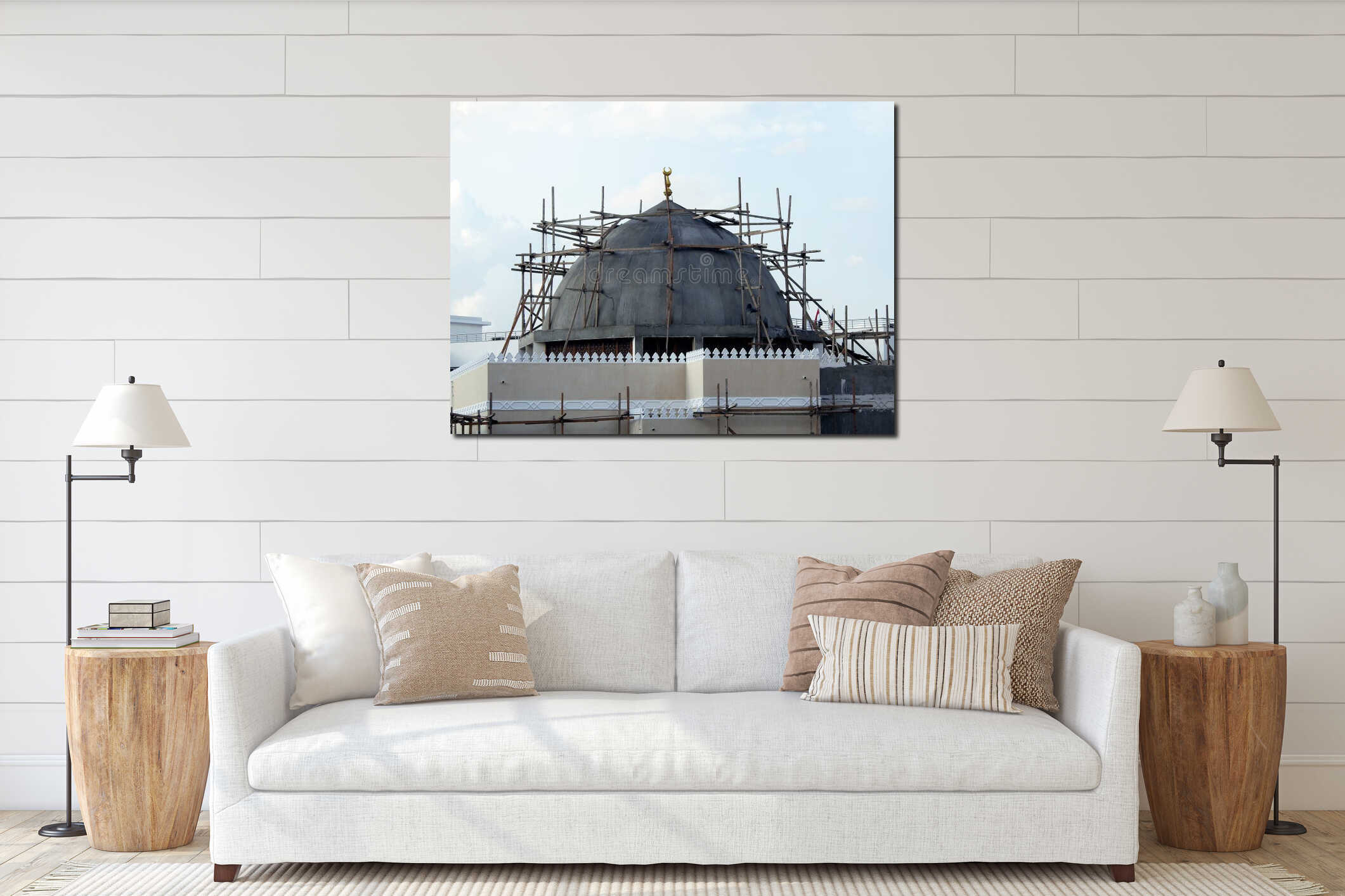 A new mosque under construction against the sunny blue sky, building a new mosque with its big dome in cement interior mockup