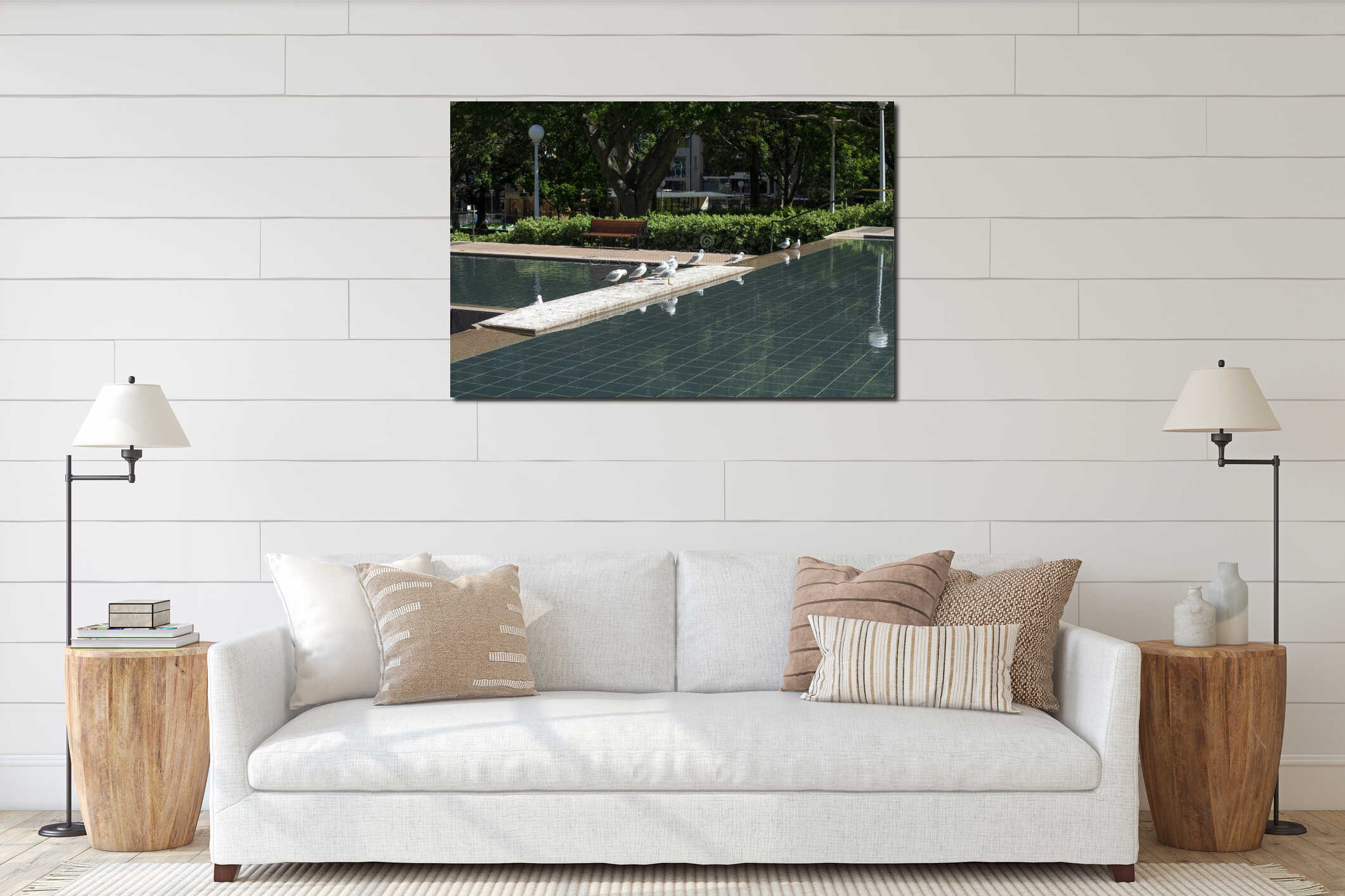 Seagulls reflecting in pool in public park interior mockup