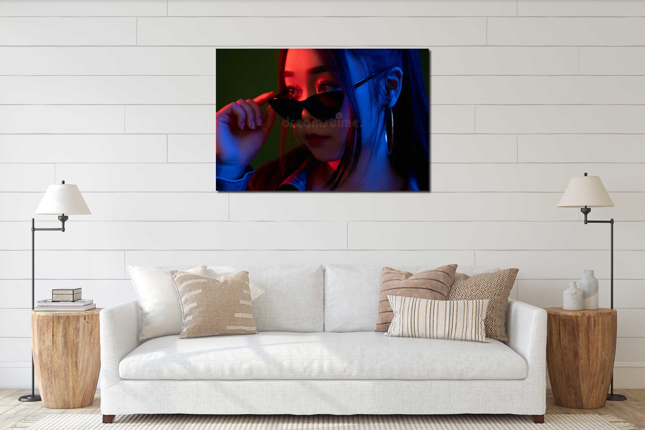 neon woman face night portrait stylish sunglasses interior mockup