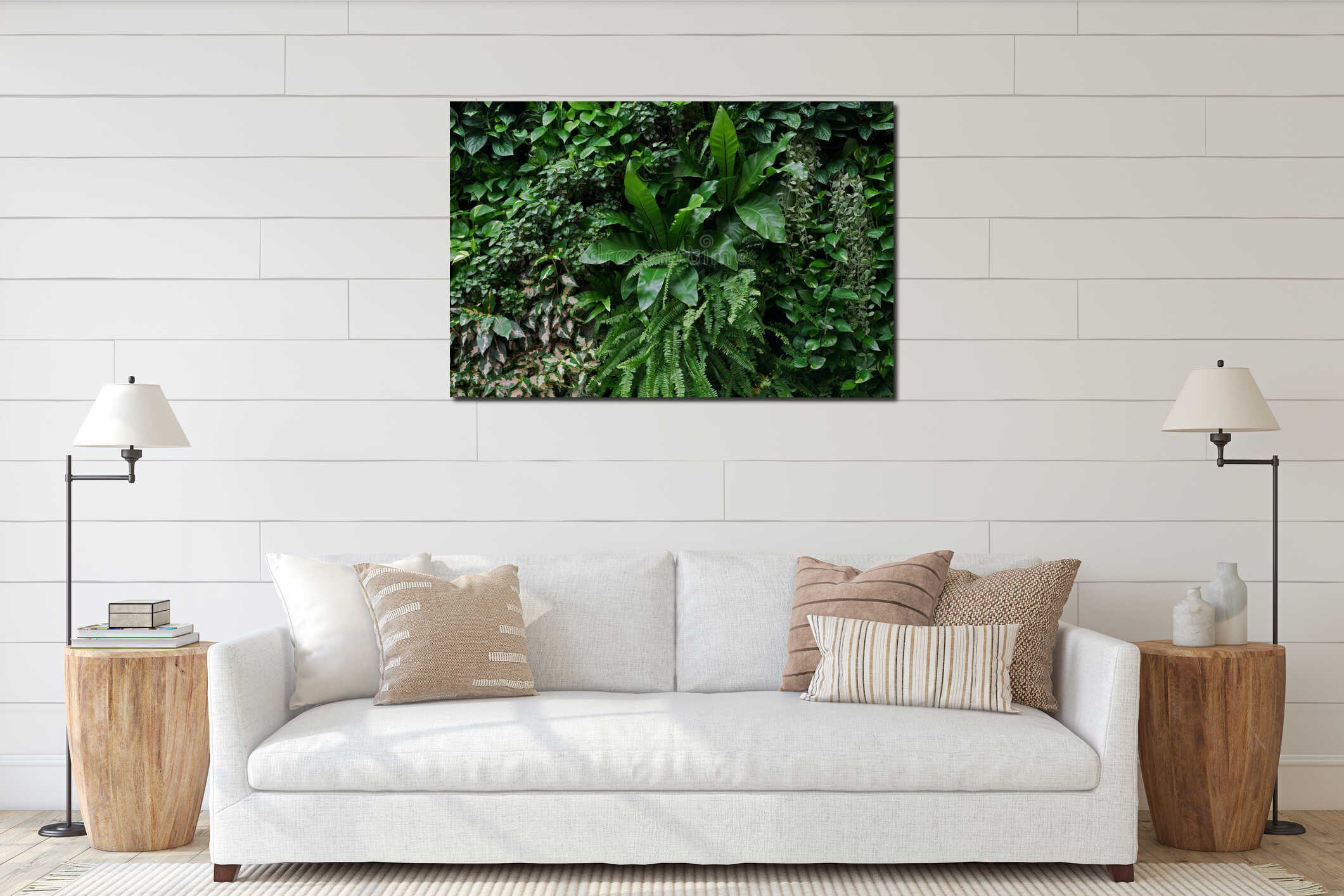 Vertical garden nature backdrop, living green wall of devil`s ivy, sword fern, bird`s nest fern, hanging Dischidia houseplant an interior mockup