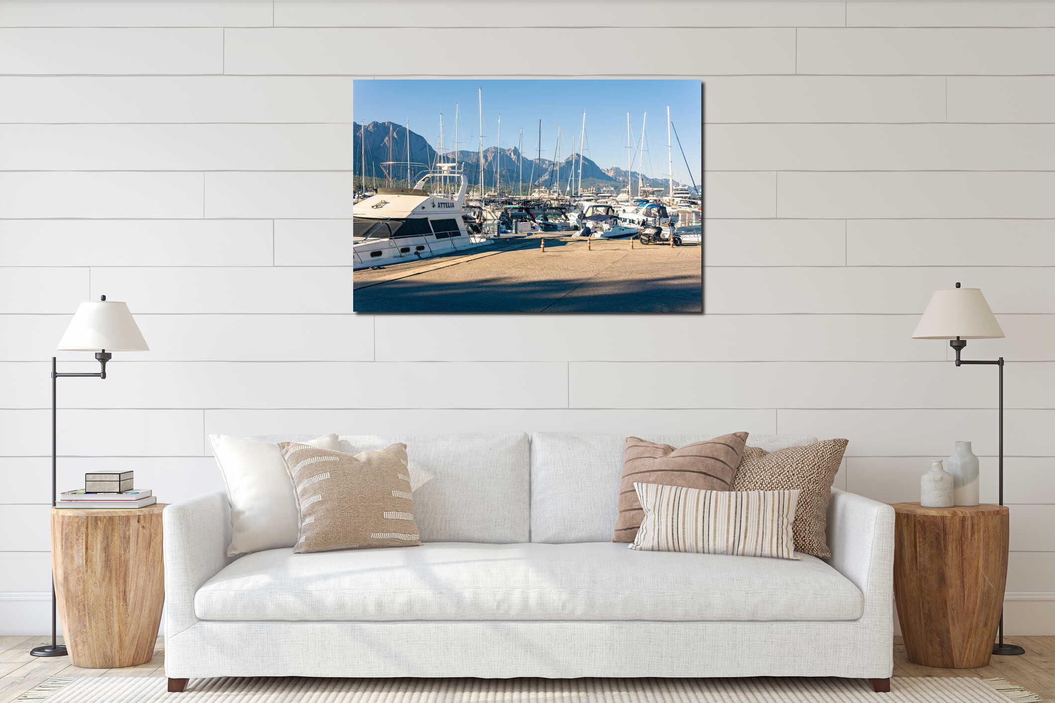 Marina port with moored sea yachts in Kemer, Turkey interior mockup