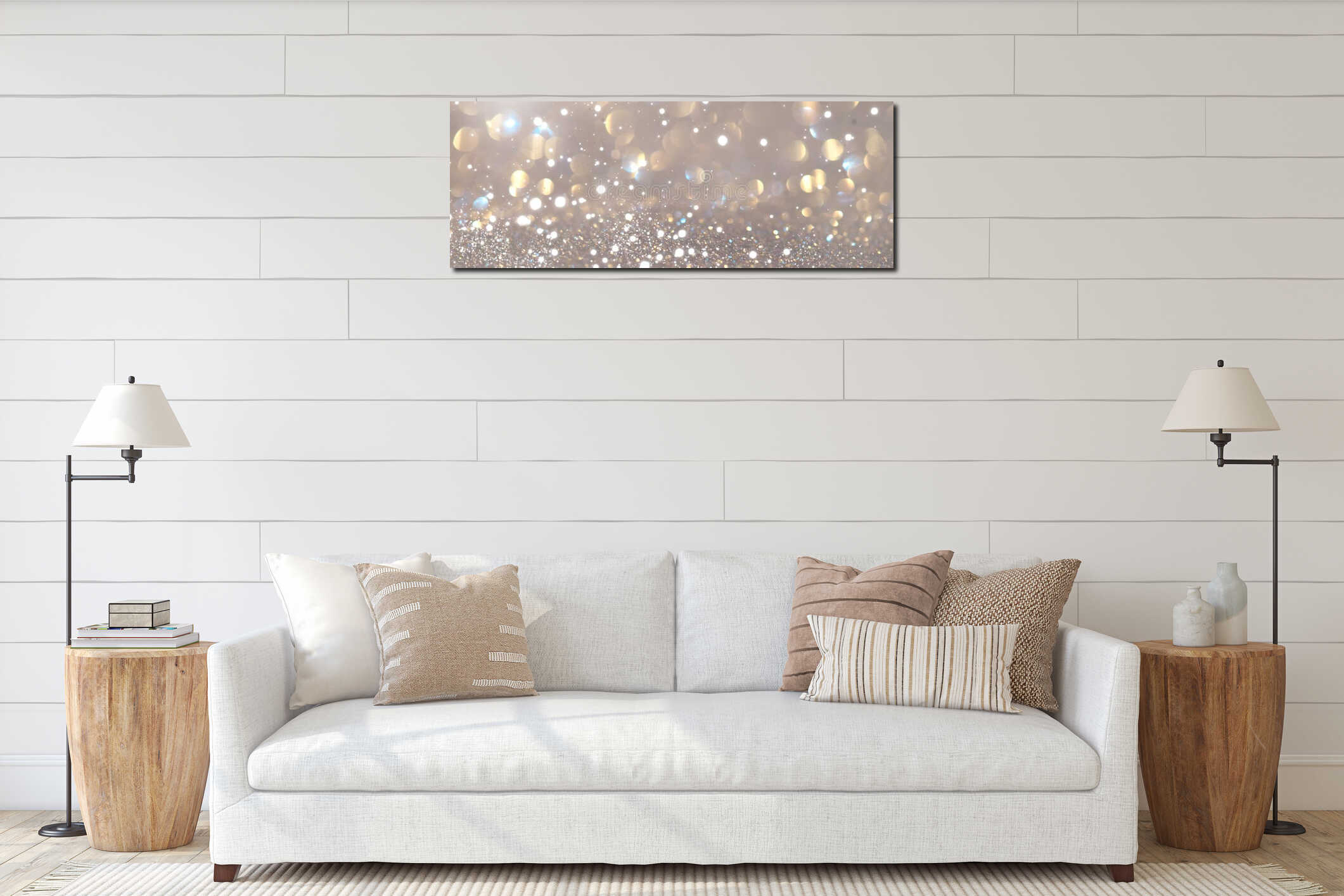 Abstract glowing gold bokeh background. Golden holiday glow backdrop. Defocused Background With Blinking Stars interior mockup