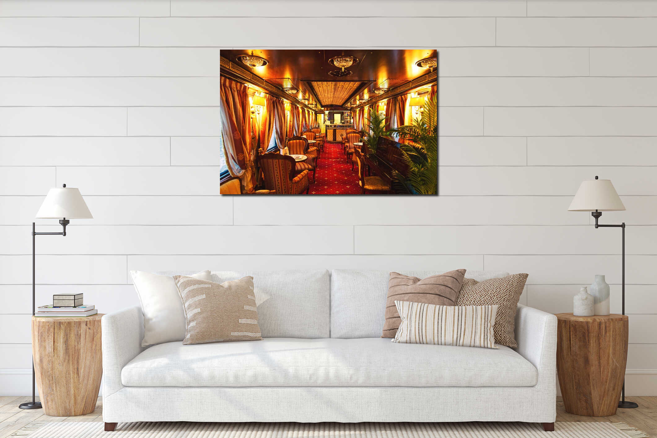 Interior of luxury vintage old train carriage. Retro train from the early 20th century interior mockup