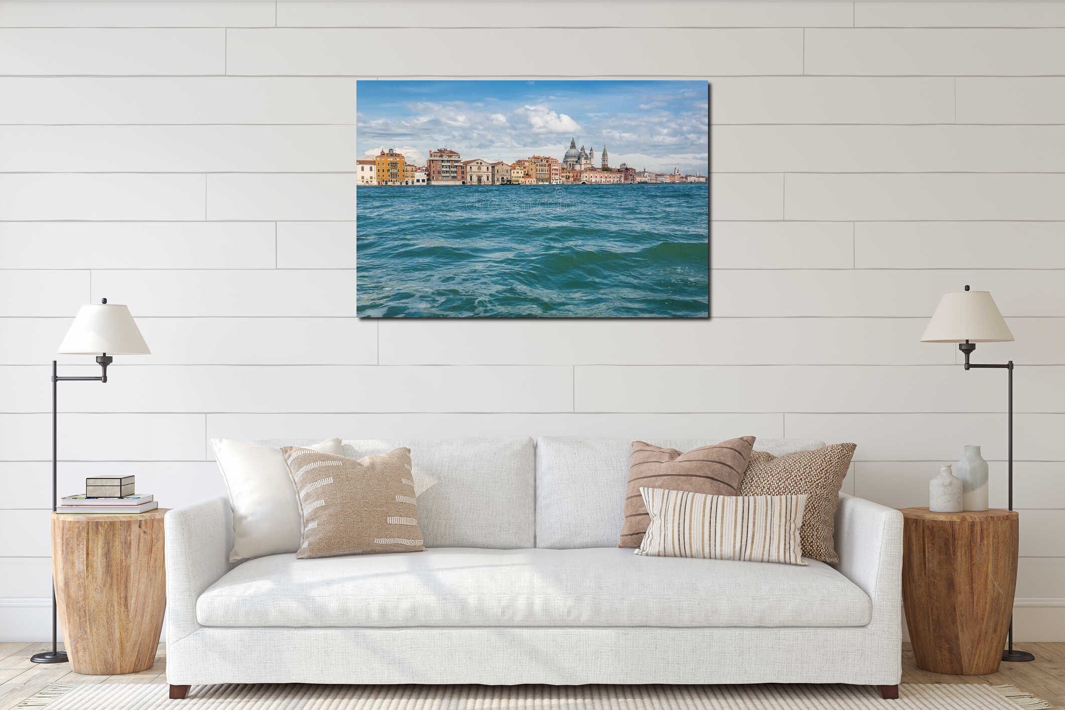 Towers, mansions and lagoon of Venice under blue sky. Ancient italian city with water canals and historical landscape interior mockup