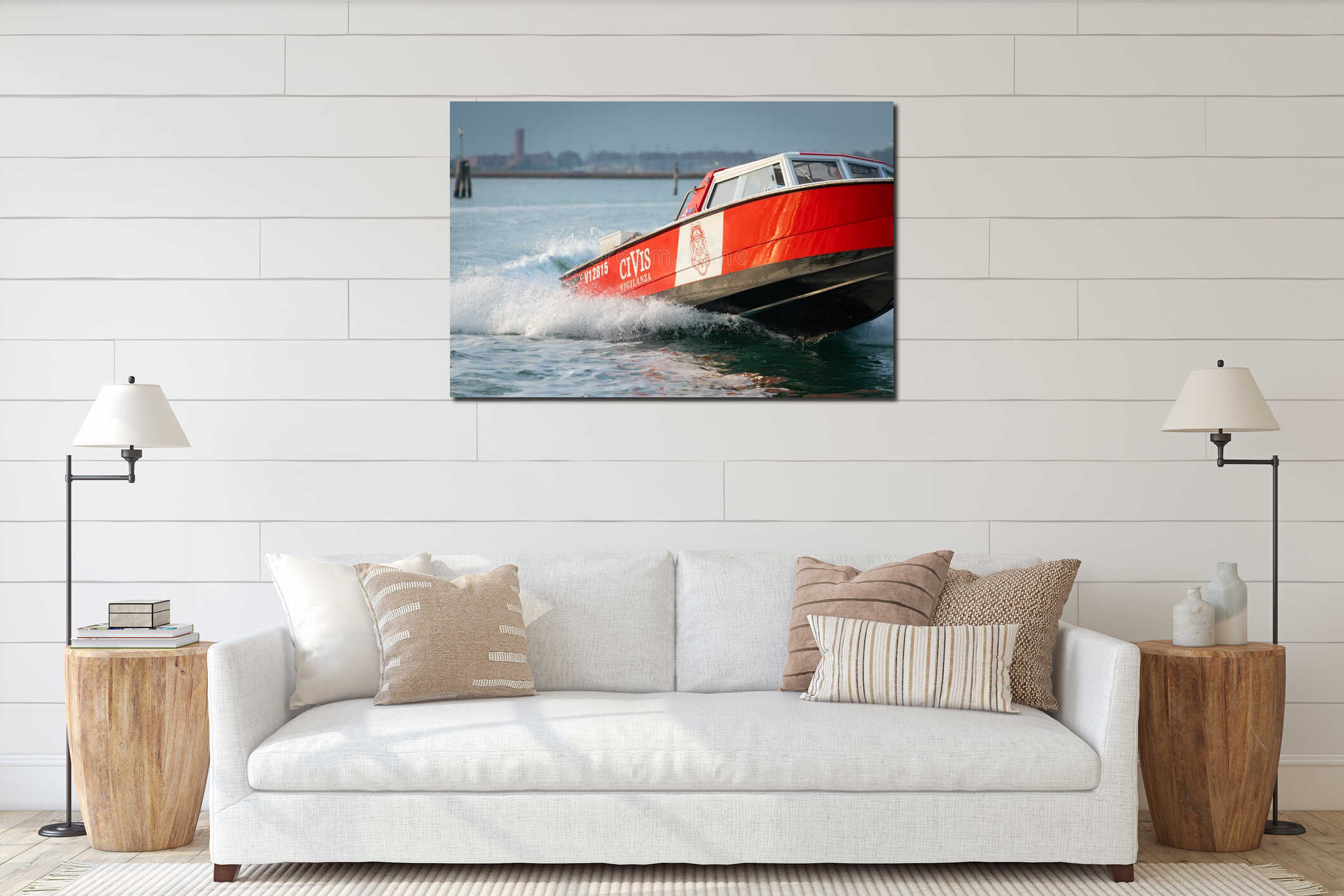 Boat in the lagoon of Venice on a sunny day interior mockup