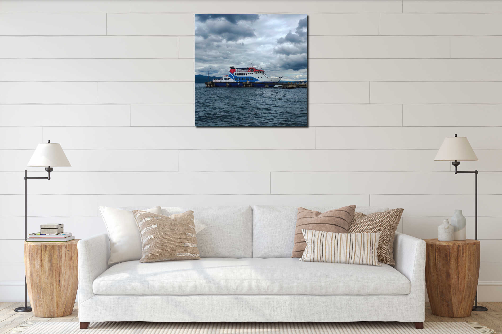 View of cloudy sky with ferry boat floating above the lake. interior mockup