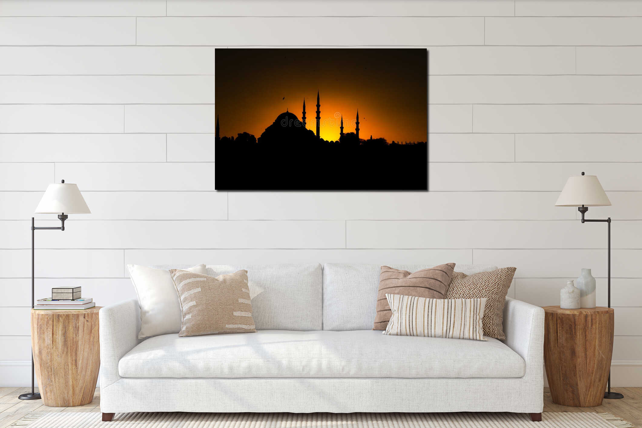 Ramadan background. Silhouette of mosque at sunset. Mosques of Istanbul. interior mockup