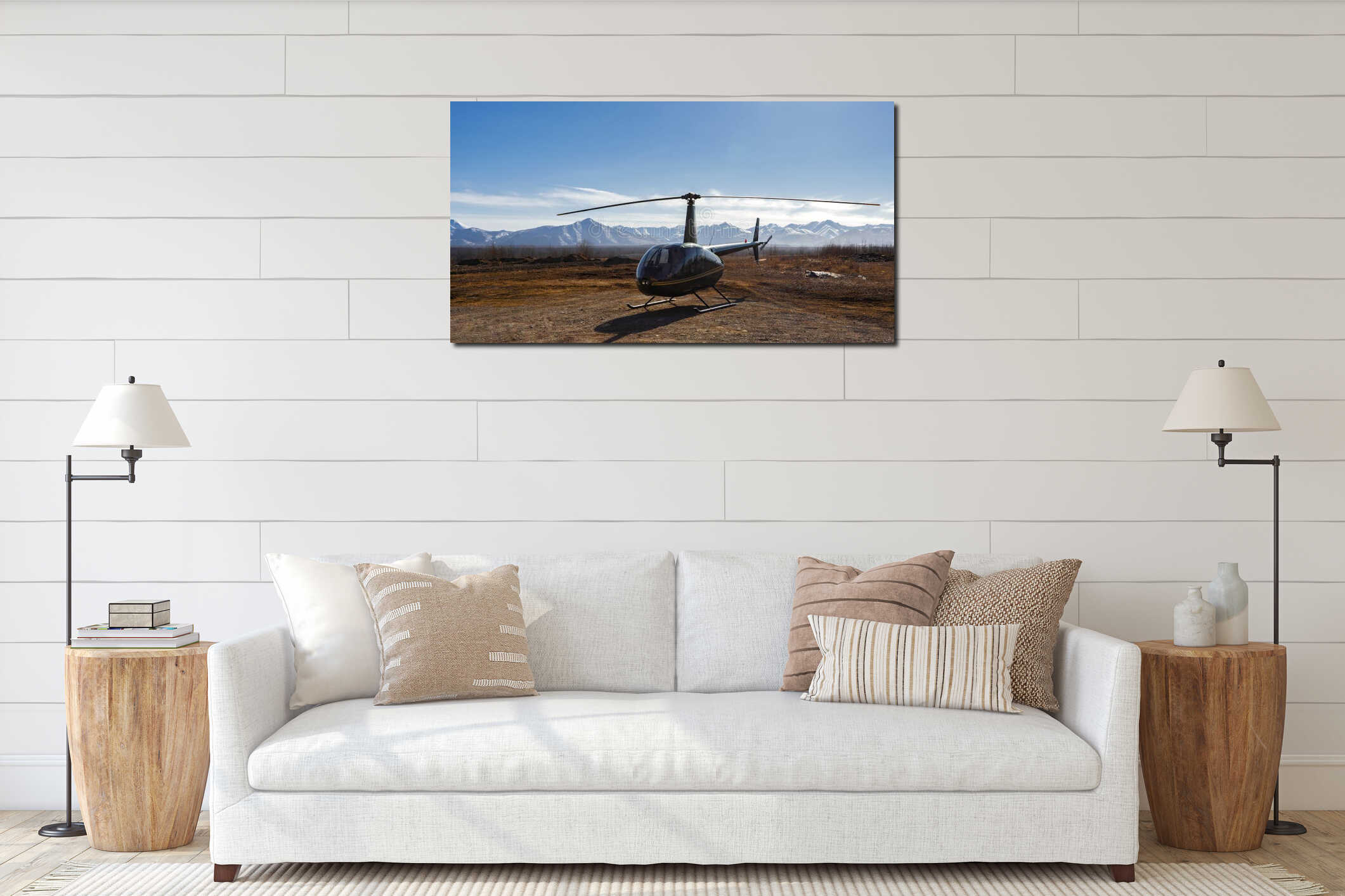 Passenger pleasure helicopter on the landing pad against the background of mountains and blue sky interior mockup