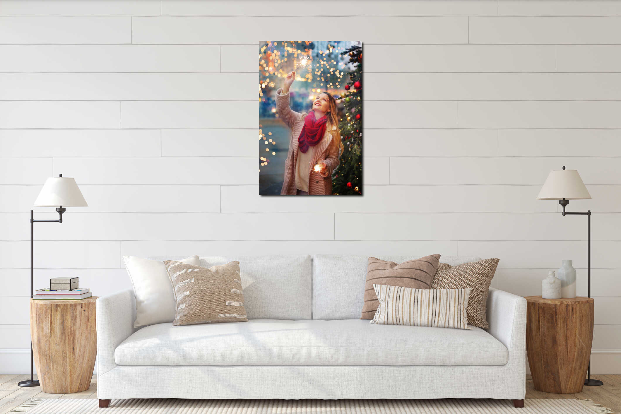 happy blond girl in winter coat and red scarf with sparklers portrait on decorated Christmas city background interior mockup