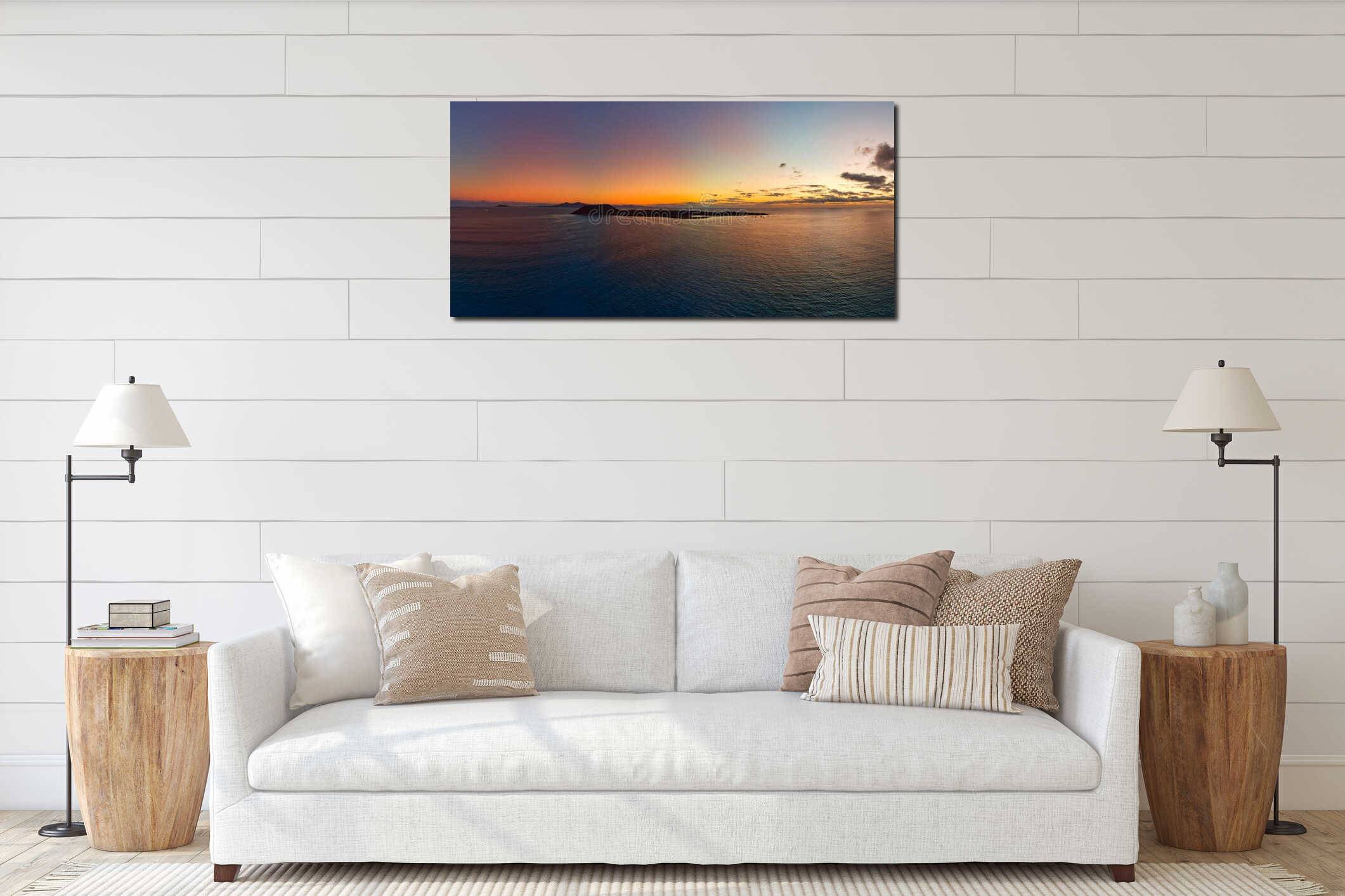The moment just before sunrise, stunning aerial panoramic view over Lobos Island Corralejo Fuerteventura interior mockup