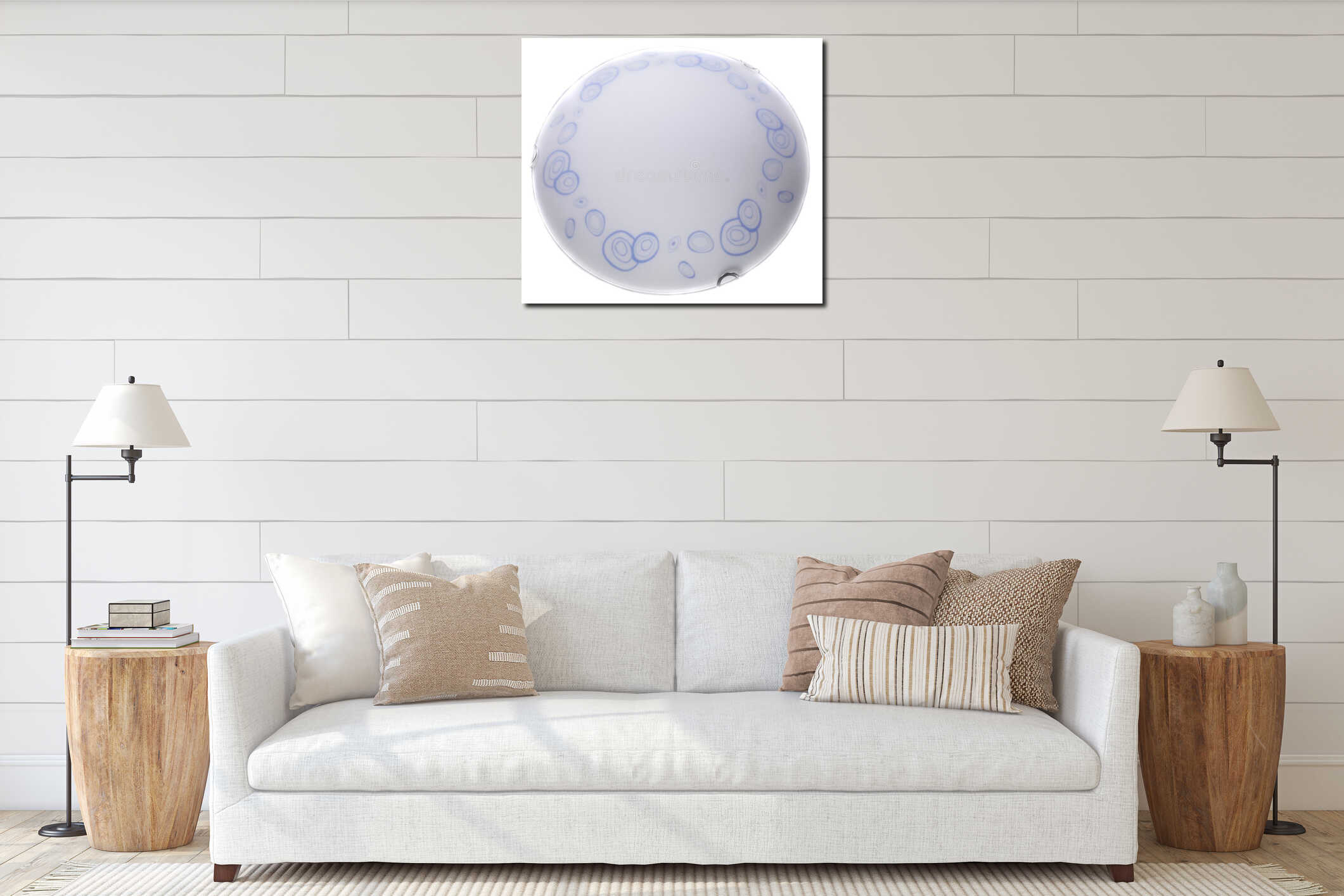 Round white glass flush mount ceiling light wall sconce with blue circles pattern isolated on white background interior mockup