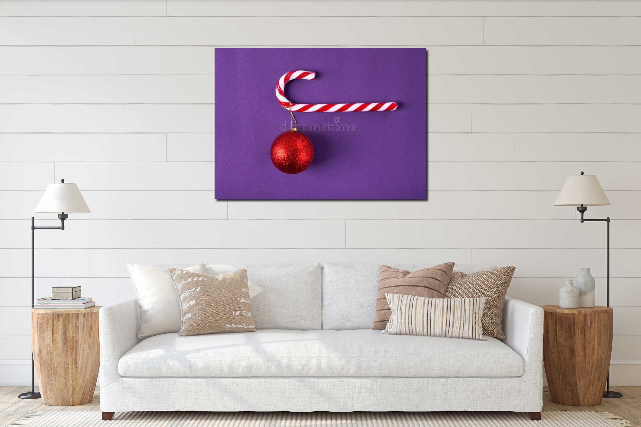 Glittering red bauble hanging on the candy cane on purple interior mockup