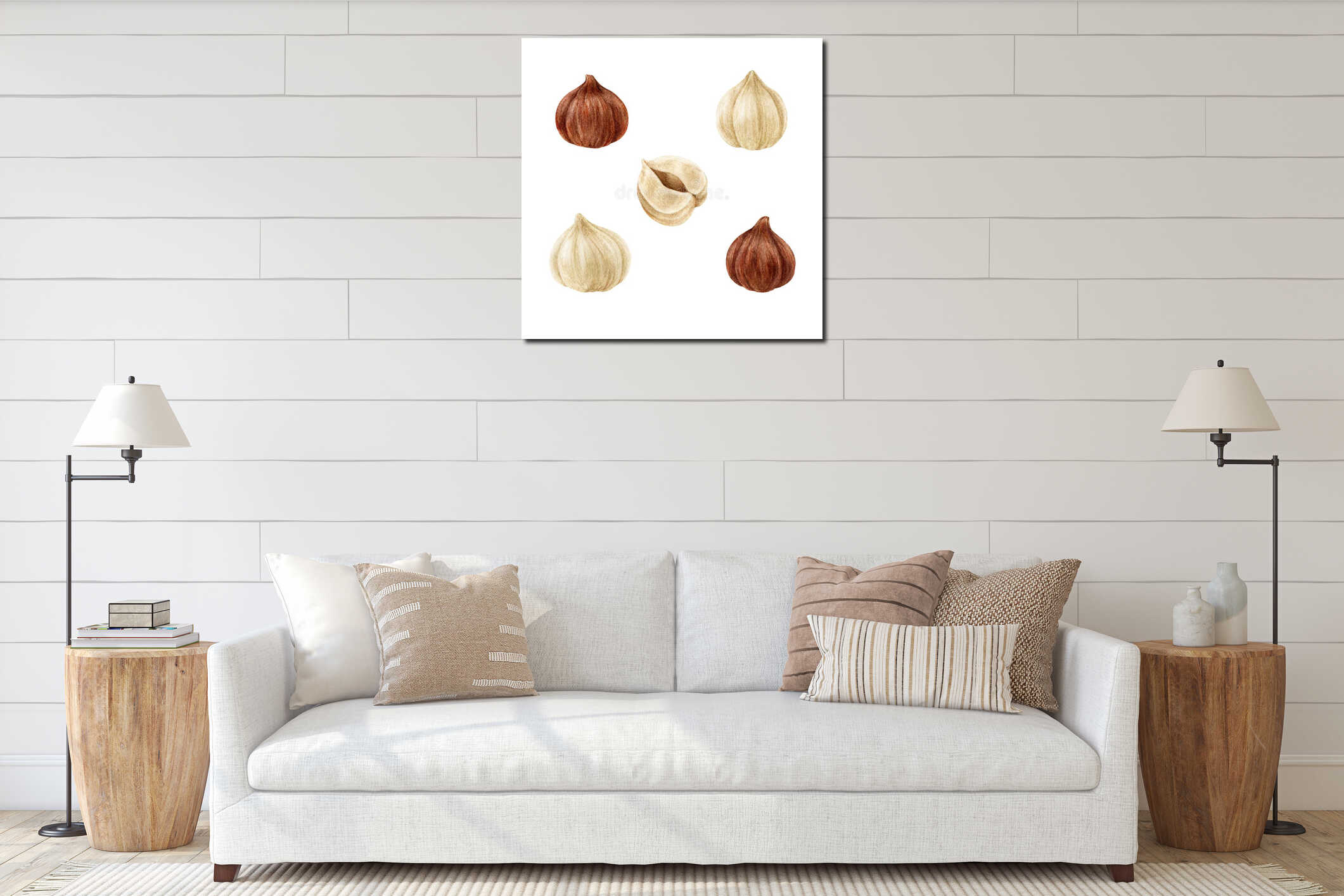 Walnut set watercolor illustration. Hand drawn peeled hazelnut collection. Peeled hazelnuts. Natural nut element interior mockup