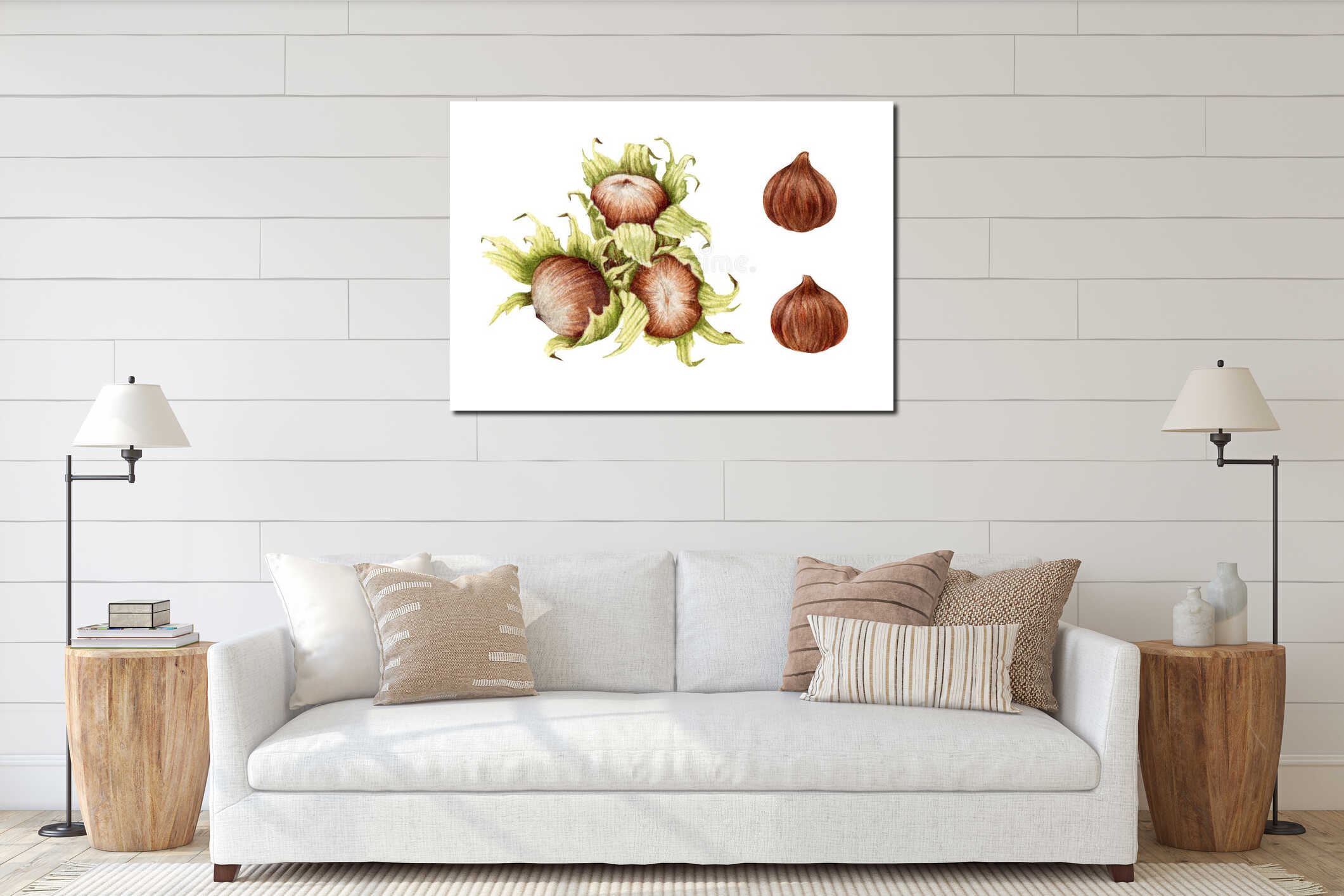 Hazelnut set watercolor illustration. Hand drawn walnut group. Hazelnuts in shell, leaves and peeled nut element interior mockup