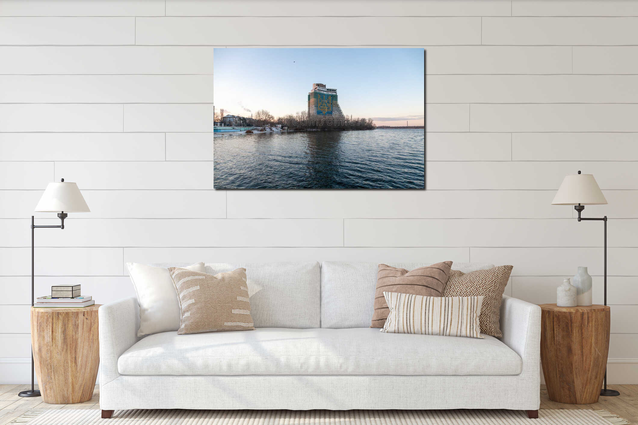 The unfinished Parus hotel on the Dnipro embankment in Ukraine interior mockup