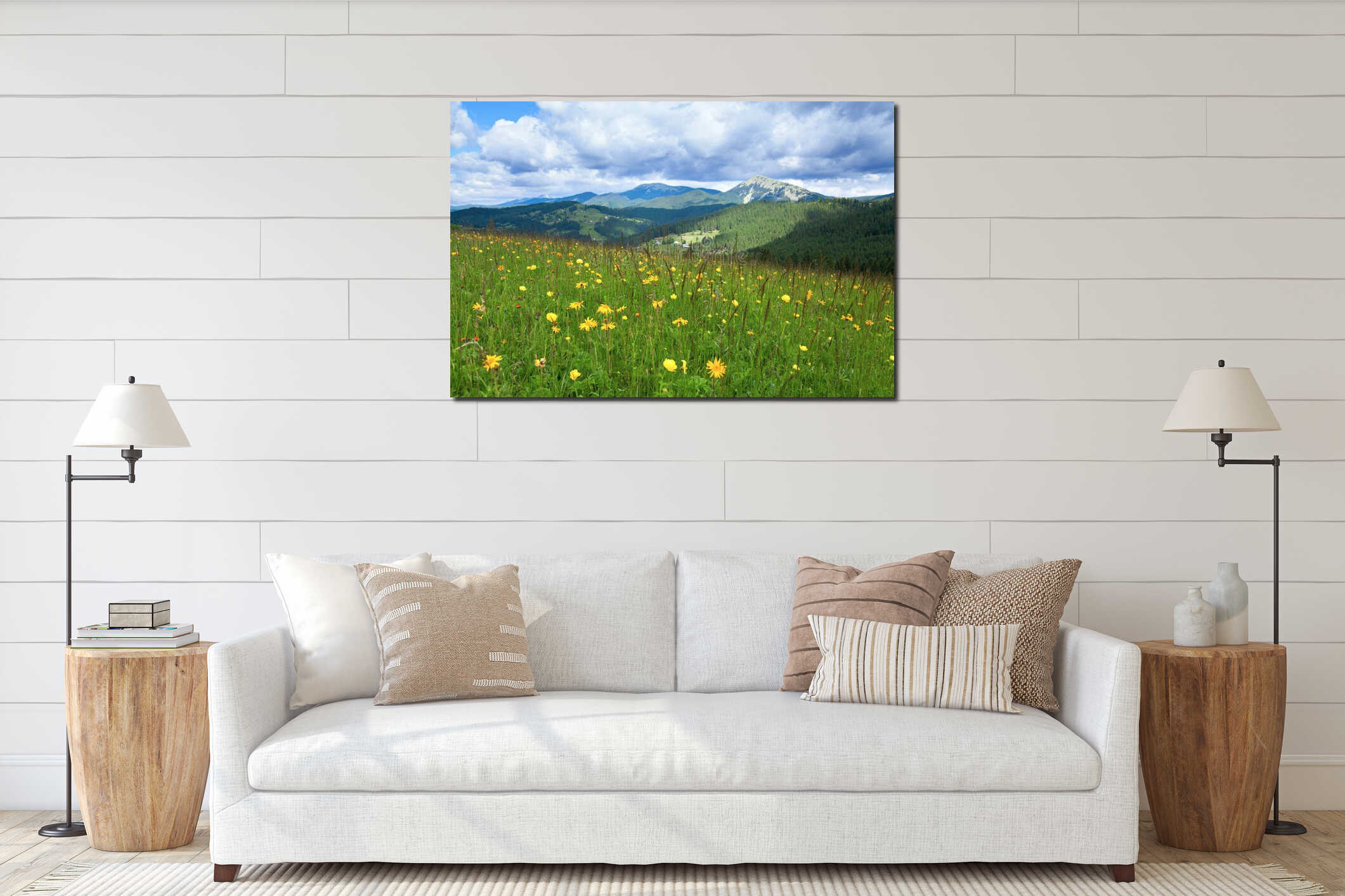 View of mountain range from meadow with bright yellow flowers. Ukraine, Carpathians. interior mockup