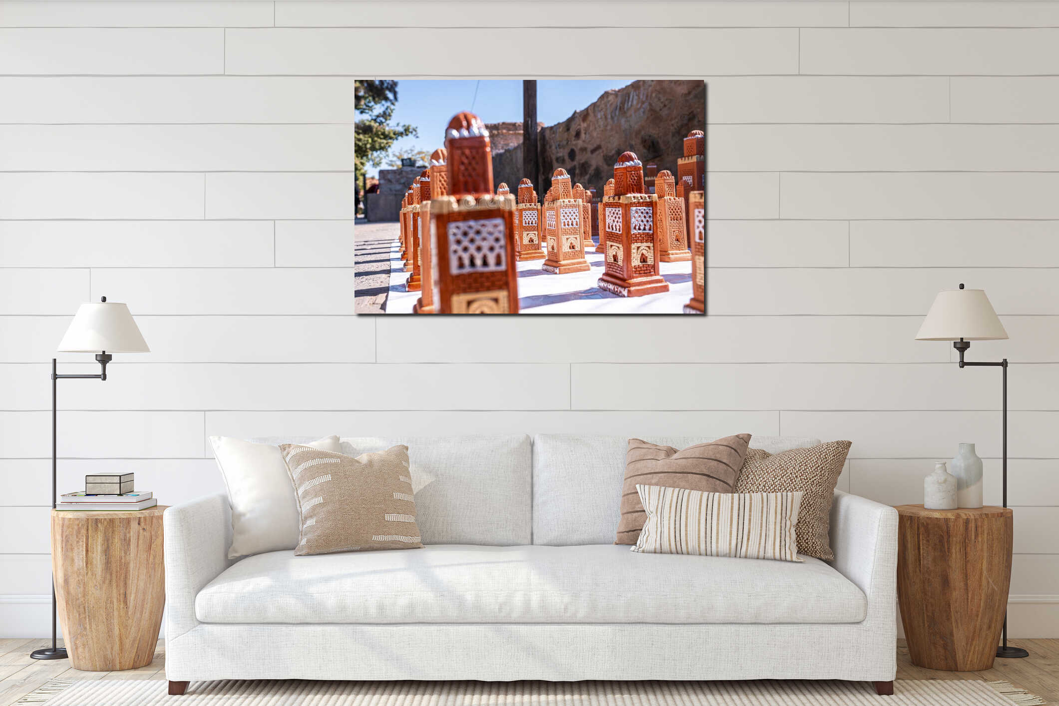 Traditional moroccan souvenirs of handmade religious minaret in Marrakech interior mockup