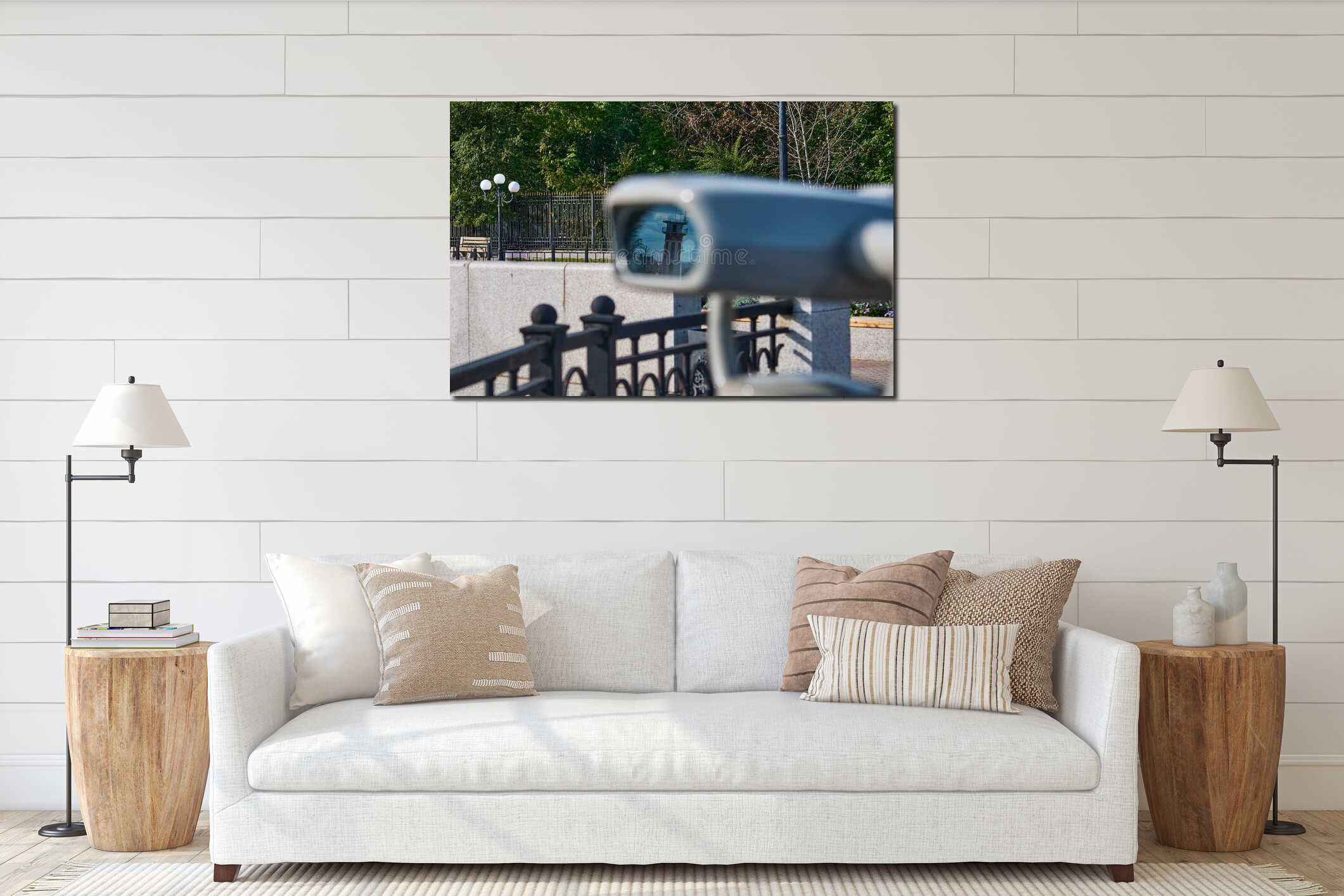 Tourist stationary binoculars, telescope, observation of ships, observation platform on the embankment. Reflection of a interior mockup