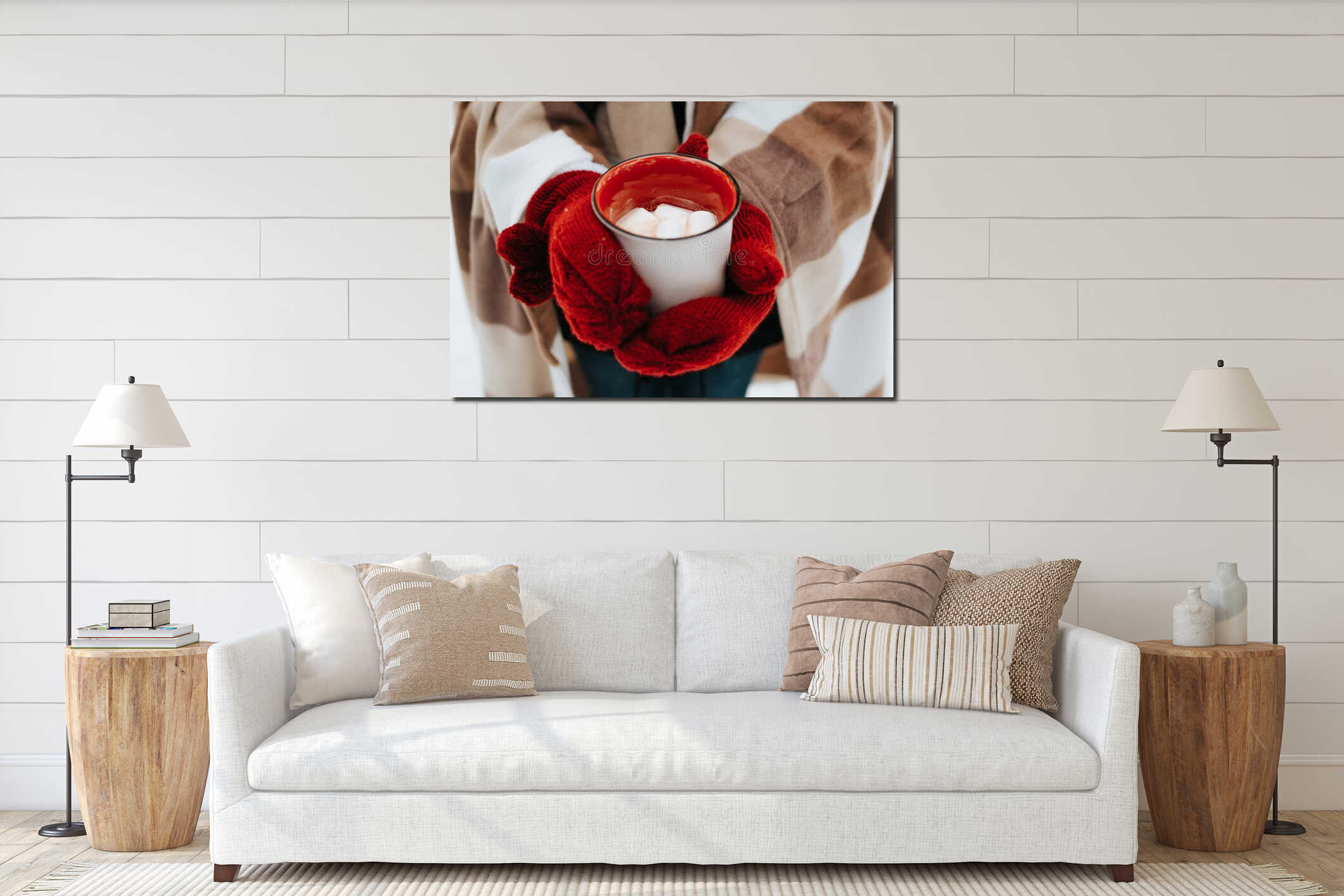 Close-up of woman's hand in red knitted gloves holding mug of hot cocoa with marshmallows on cold winter morning, outdoors interior mockup