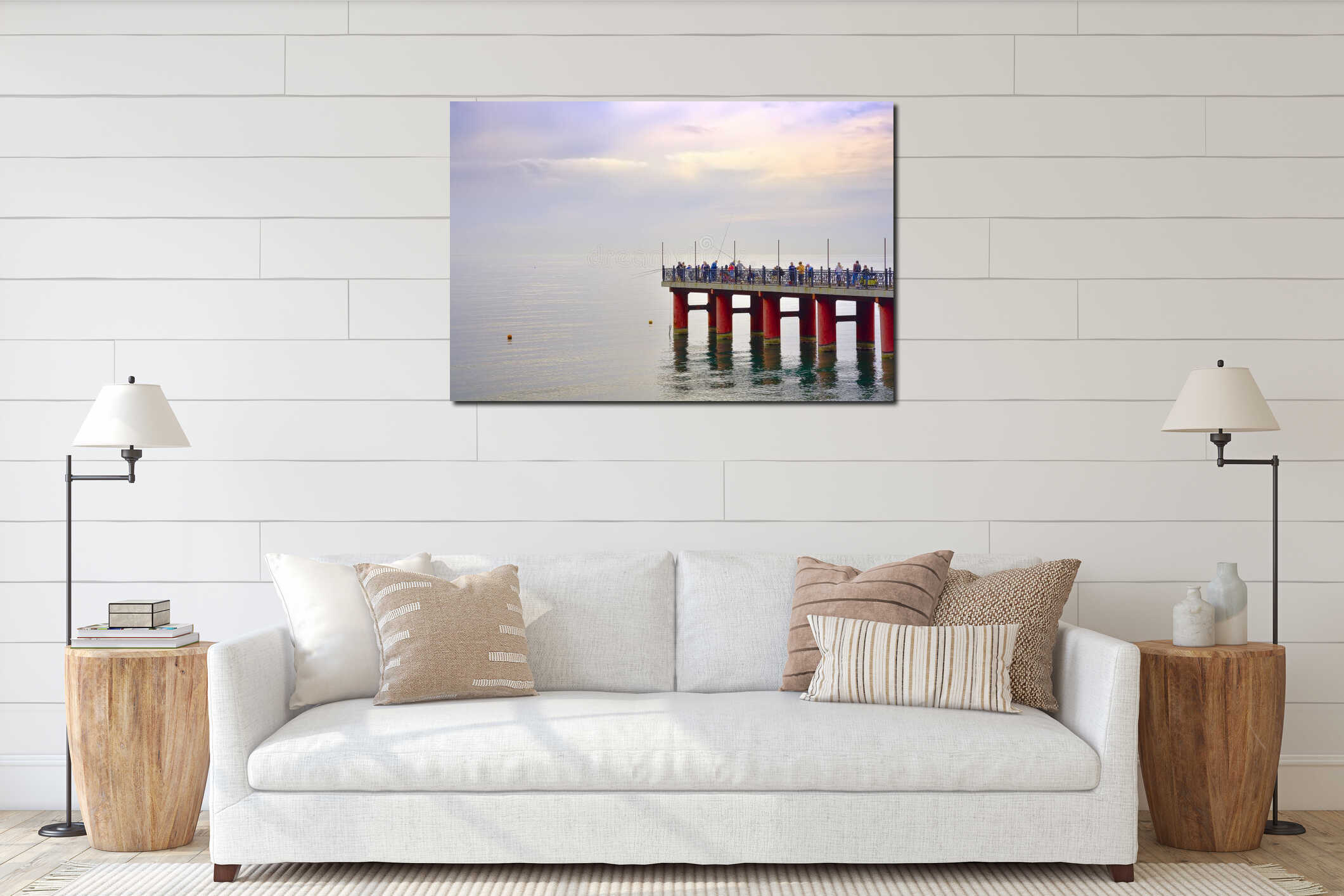 People on the sea pier interior mockup