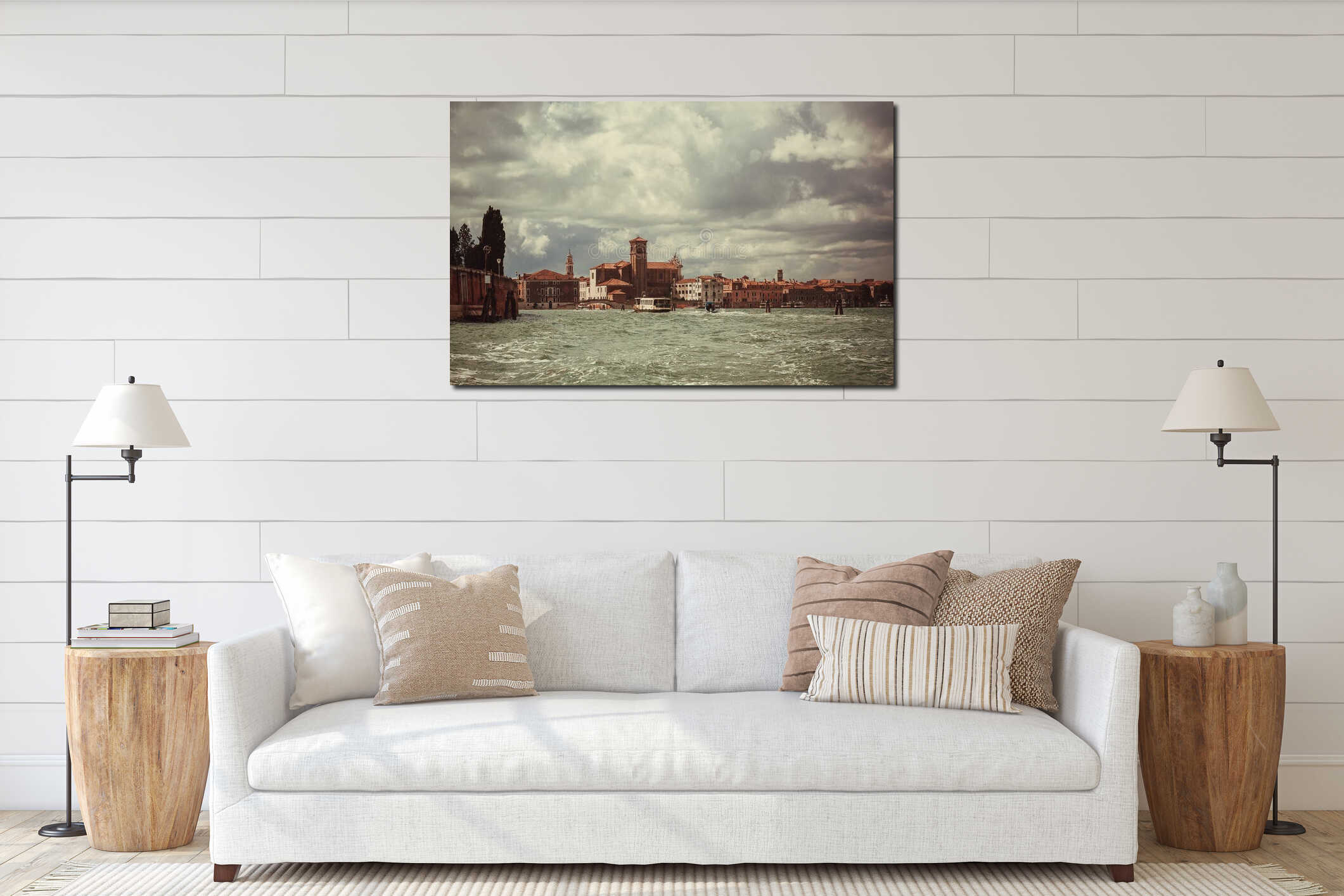 Towers, mansions and lagoon of Venice with riverboats on waves. Ancient italian city with water canals interior mockup