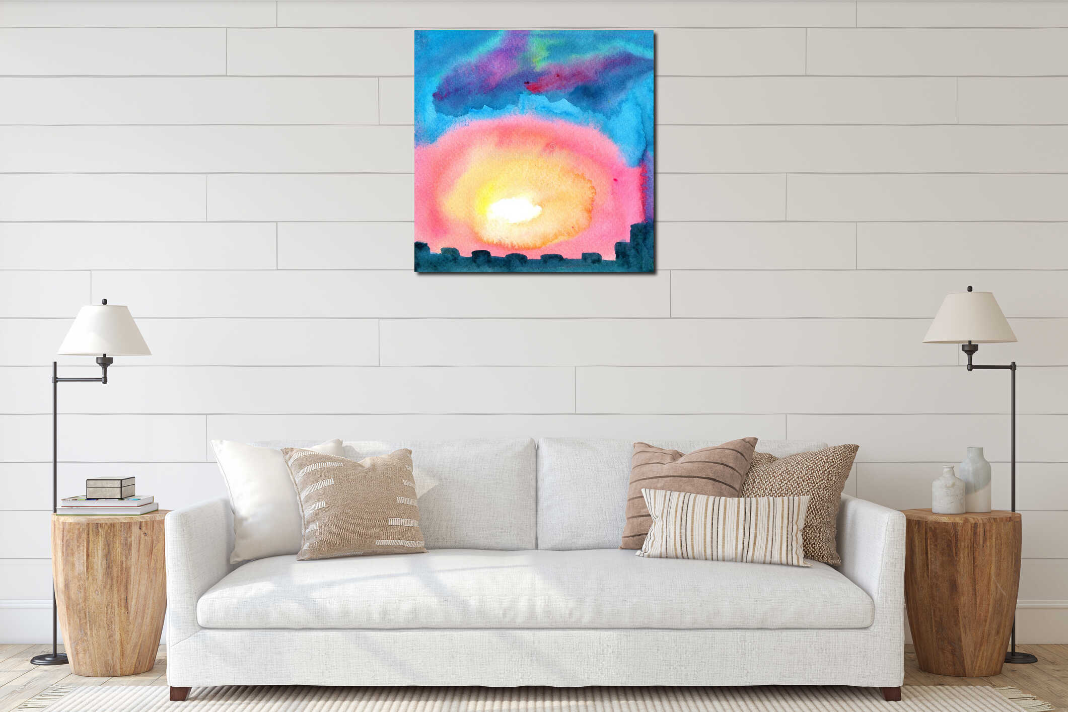 Hand drawn texture and pattern with sunset. Blue, purple and yellow evening sky. City view with black houses silhouette. interior mockup