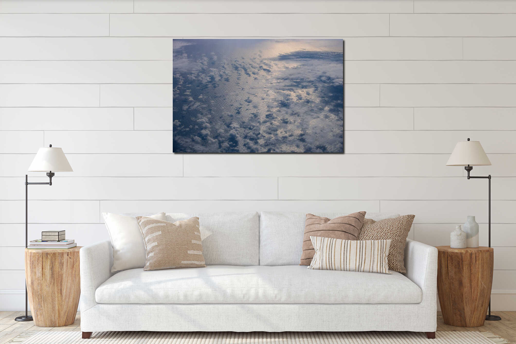Aerial evening sky and clouds view above ocean from airplane porthole interior mockup