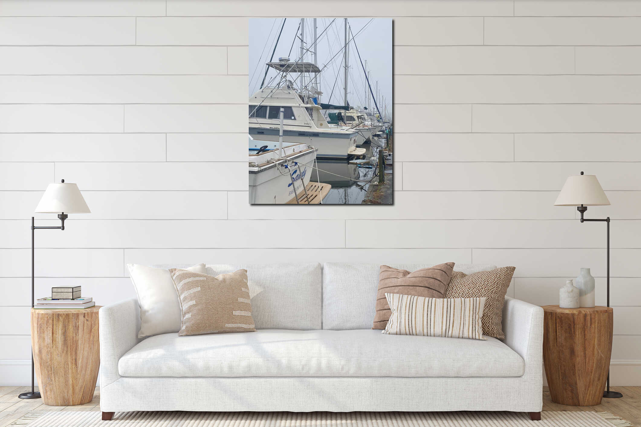 Boats docked in their slips on a canal with the water very high on a foggy winter morning interior mockup