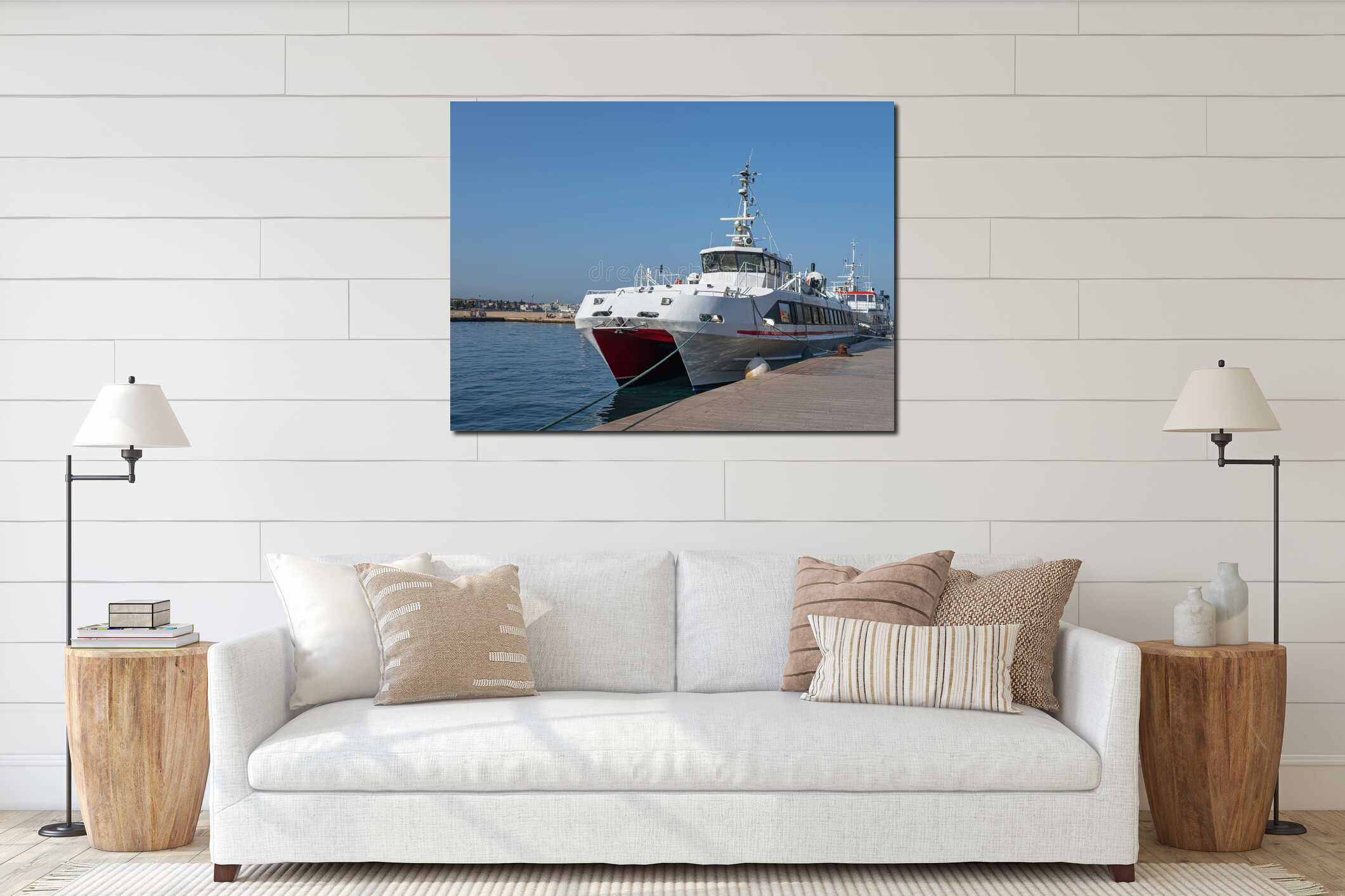 Large catamaran at the marina. interior mockup