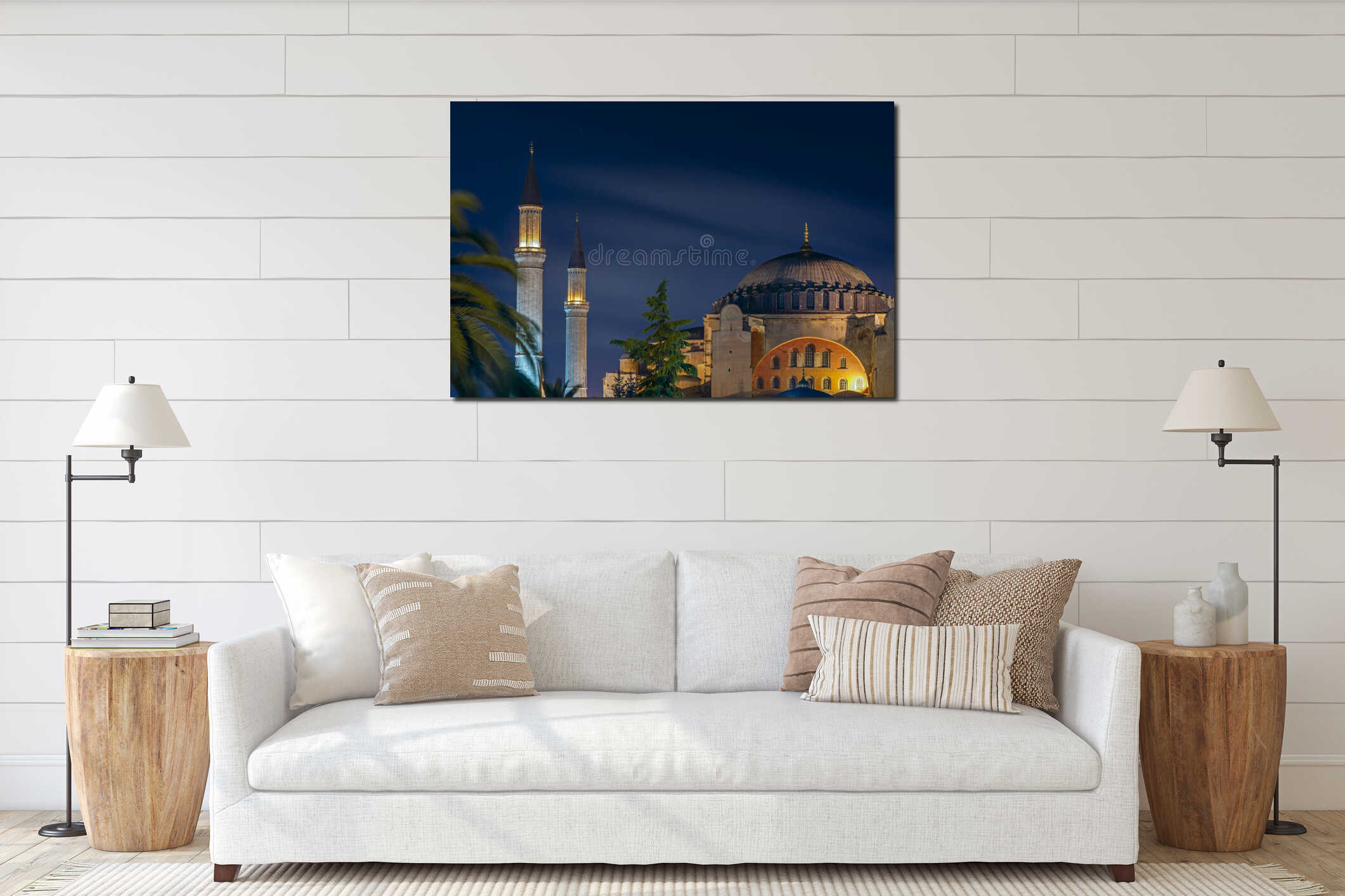 Night image of the dome and two minarets of the Hagia Sophia Museum Mosque interior mockup
