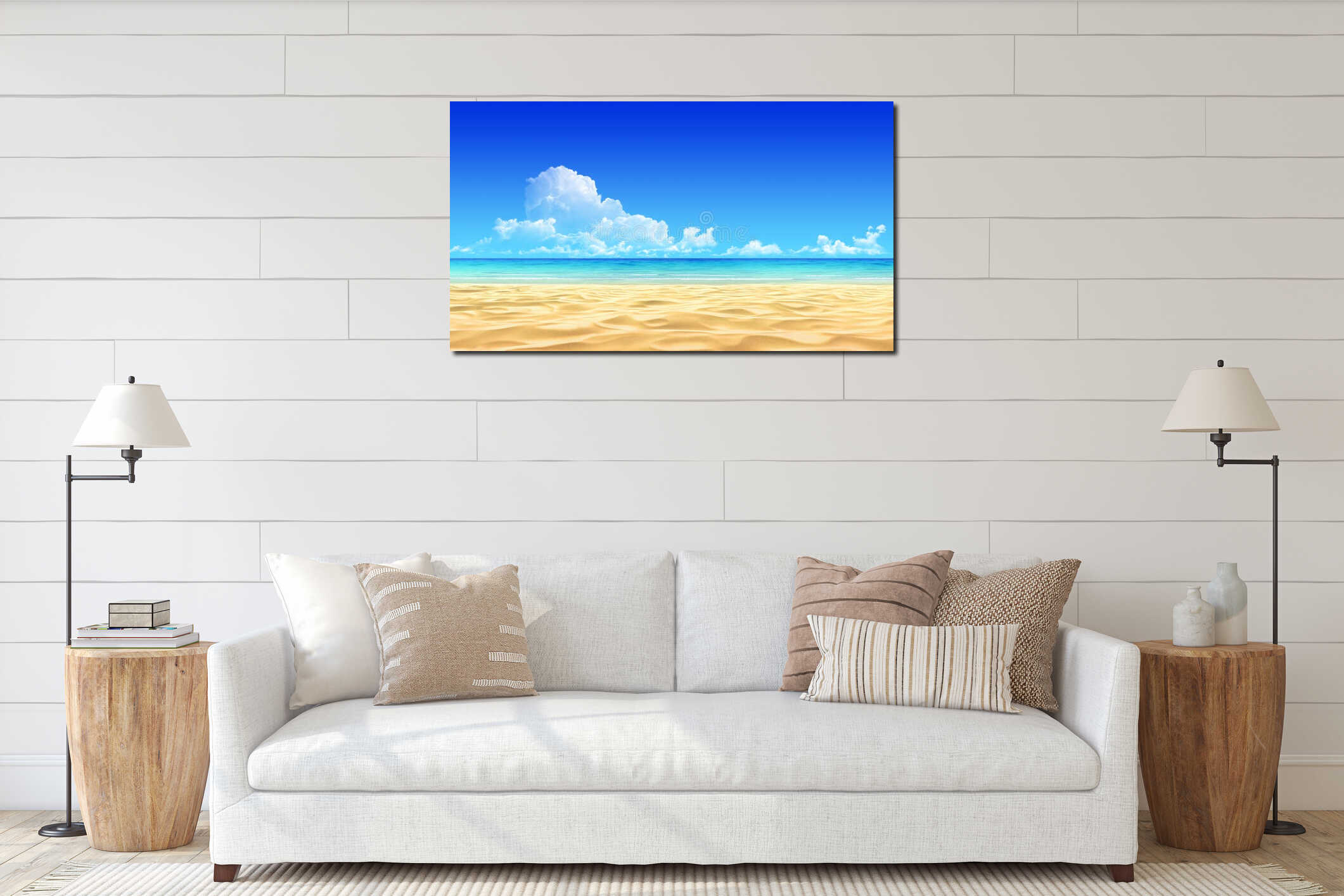 Idyllic tropical sand beach background interior mockup