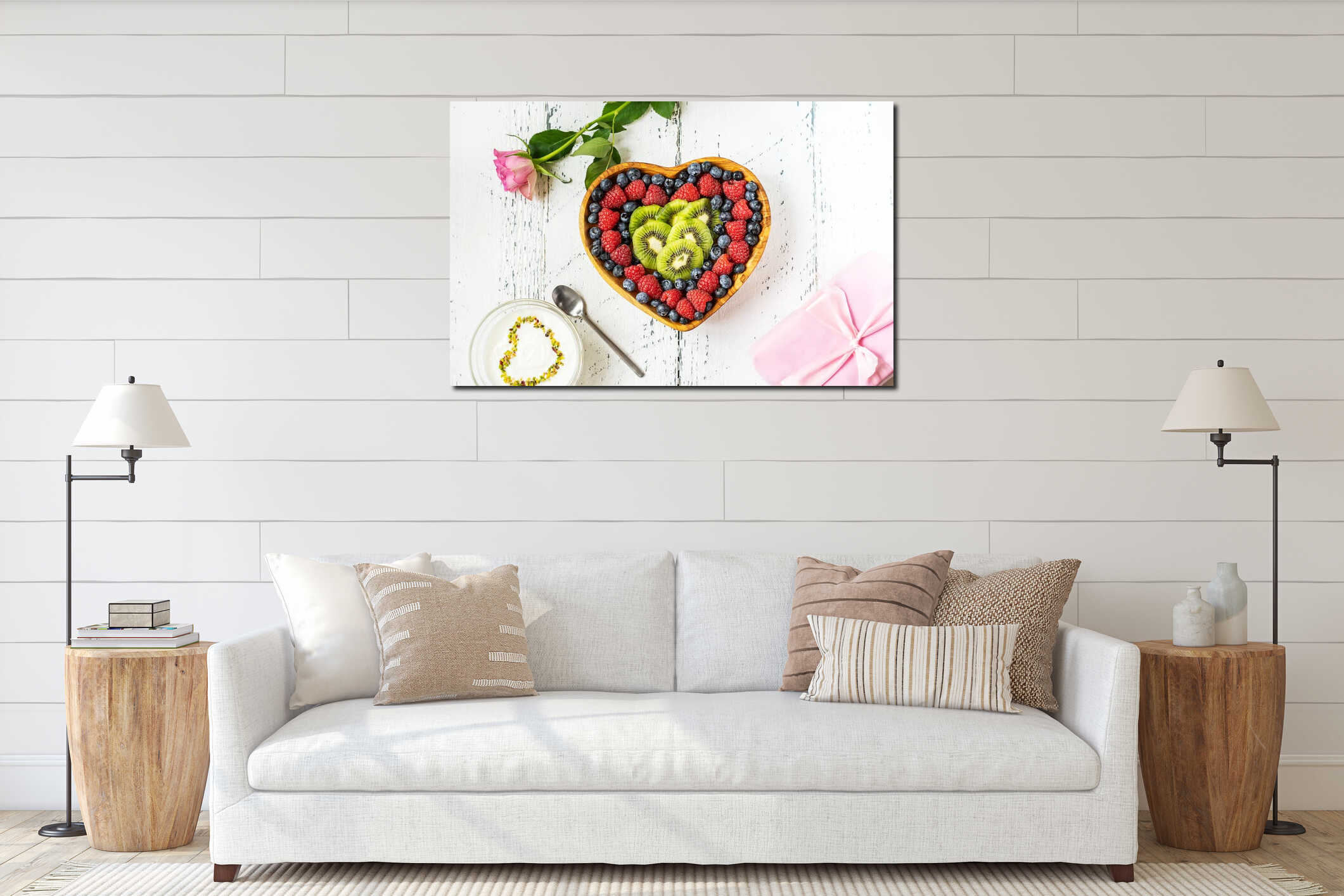S.Valentine's Day breakfast concept. Mix of berries and kiwi in a heart shaped bowl, yogurt, rose and gift interior mockup