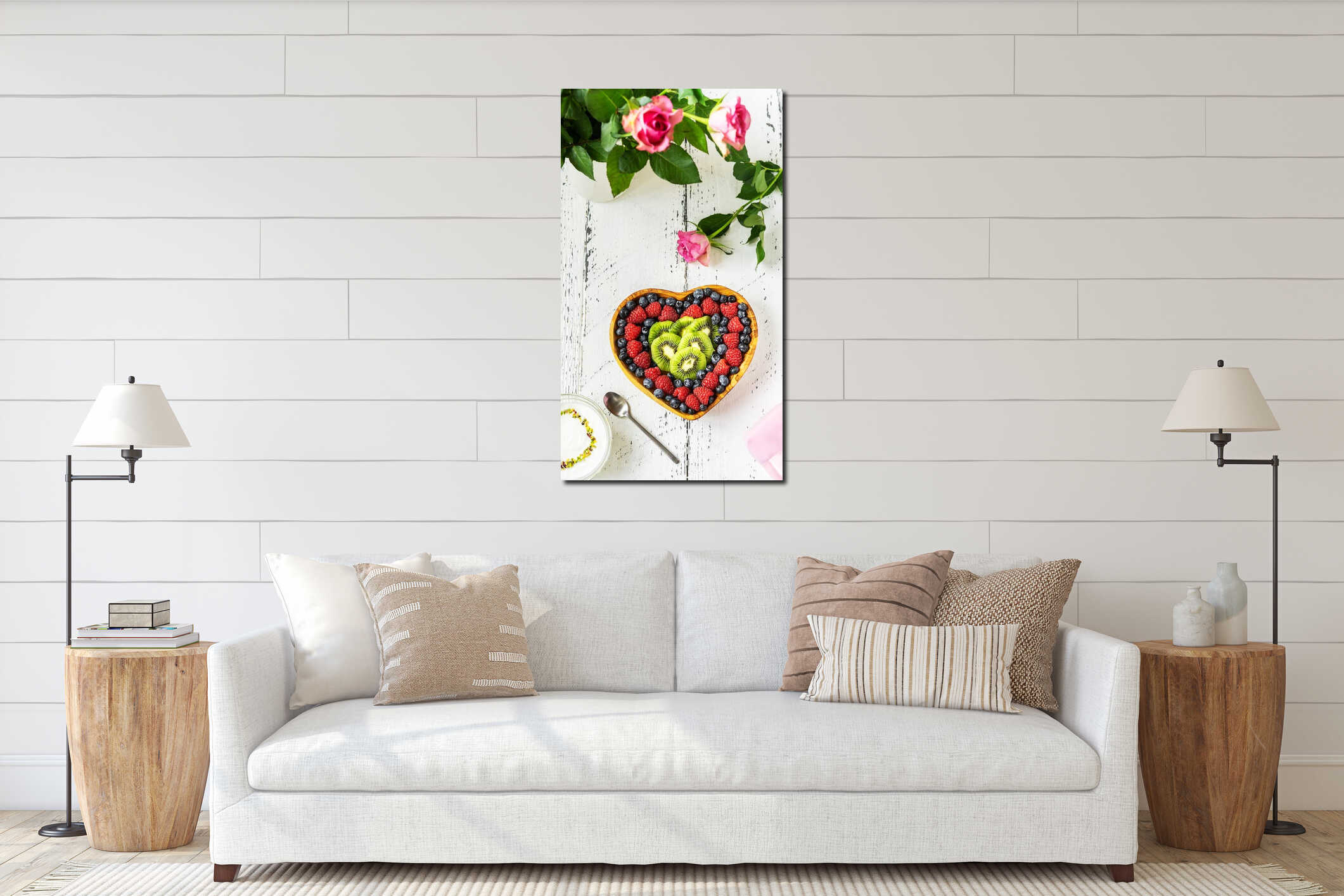 S.Valentine's Day breakfast concept. Mix of berries and kiwi in a heart shaped bowl, yogurt, roses and gift interior mockup