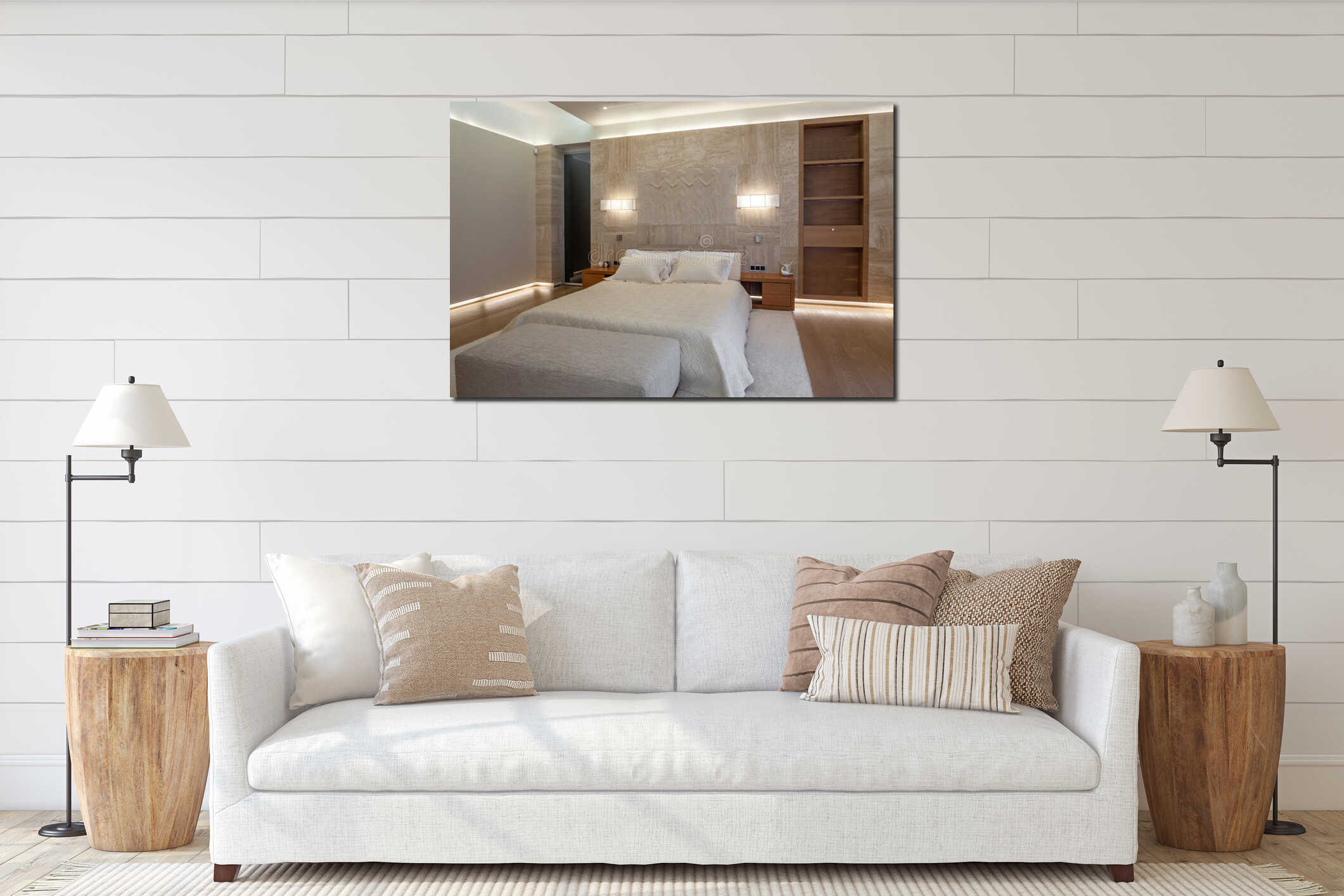 Lighted bedroom with marble wall and sculptural panel near double bed interior mockup