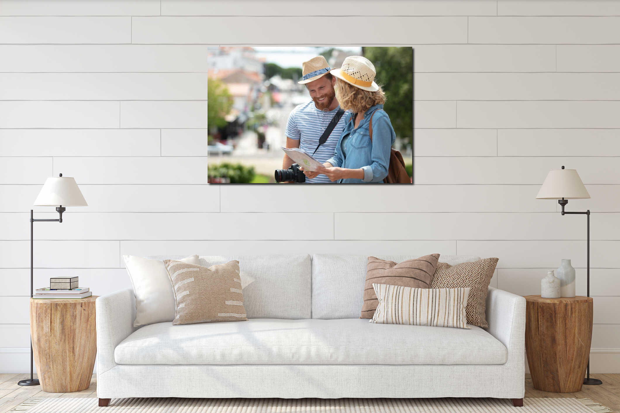 happy couple tourists looking at map interior mockup