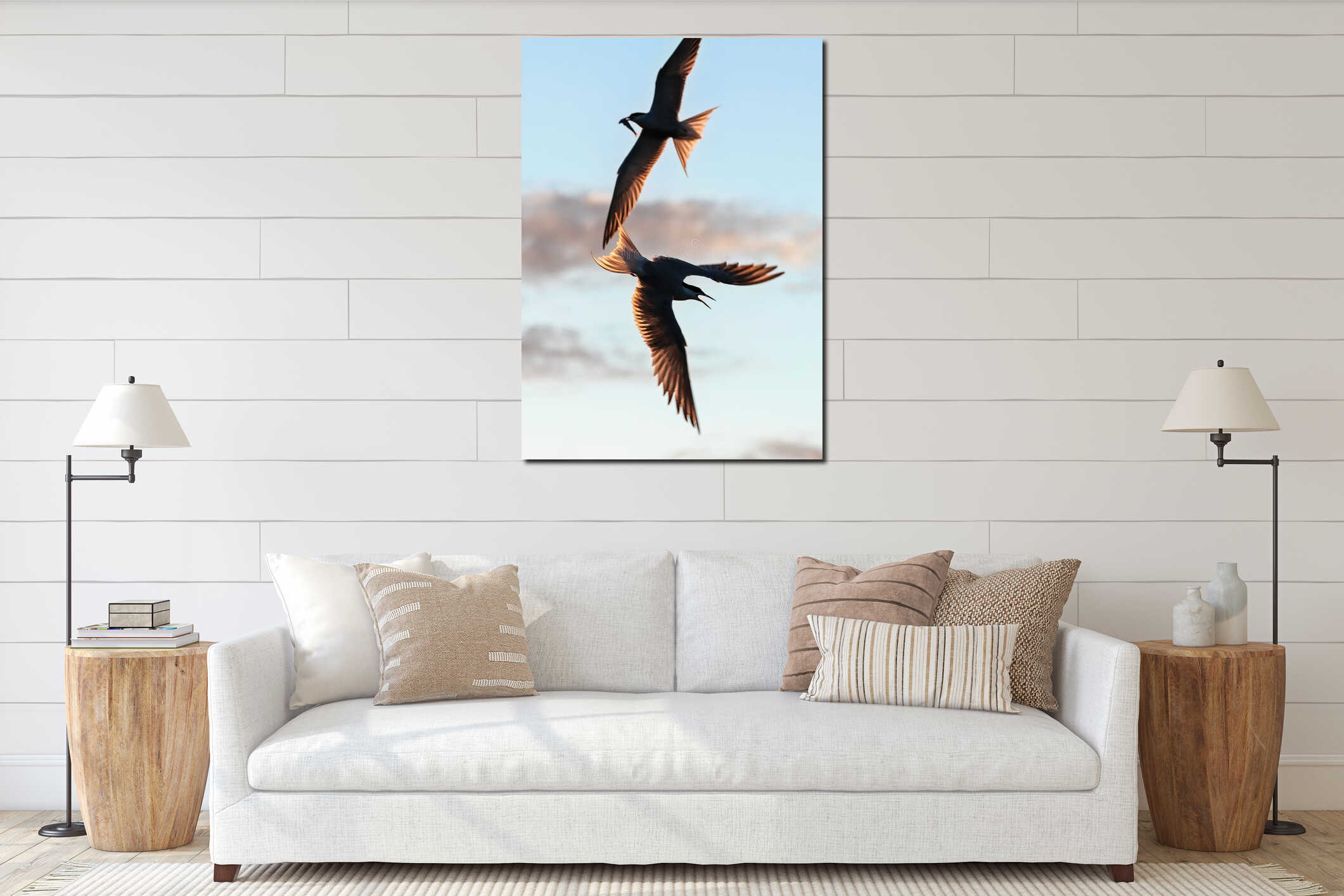 Silhouettes of flying common terns with fish in beak. interior mockup